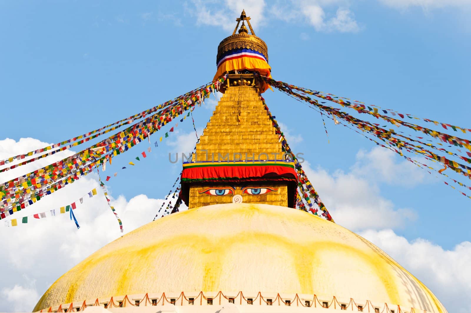Colorful holy flags on Boudhanath temple stupa Kathmandu Nepal