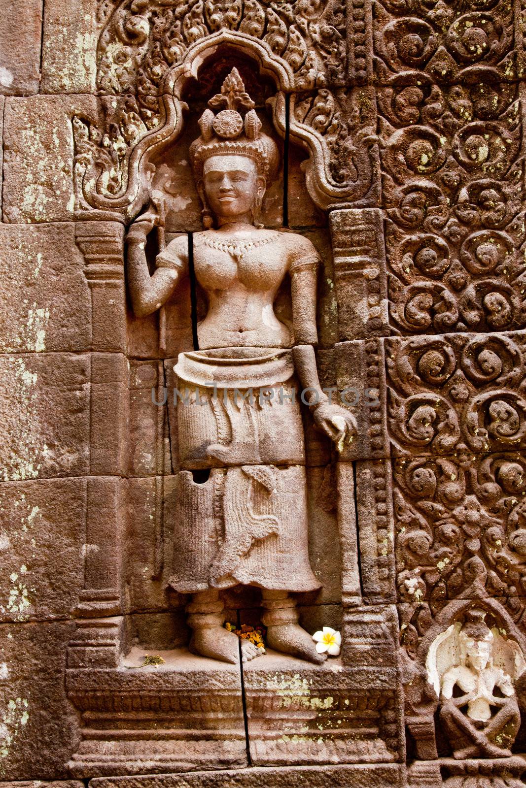 rock carving of apsara, wat phou, champasak, laos