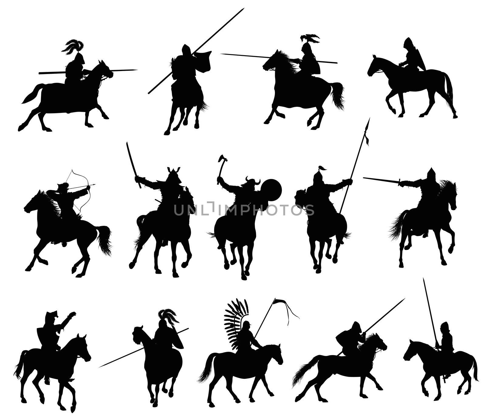 Knights and medieval warriors on horseback detailed silhouettes set. Vector
