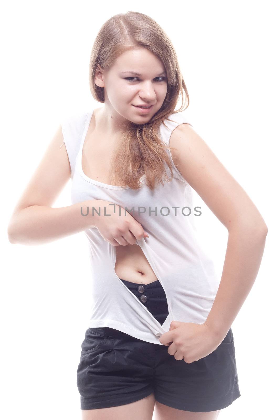 Girl vomits on his t-shirt studio photography