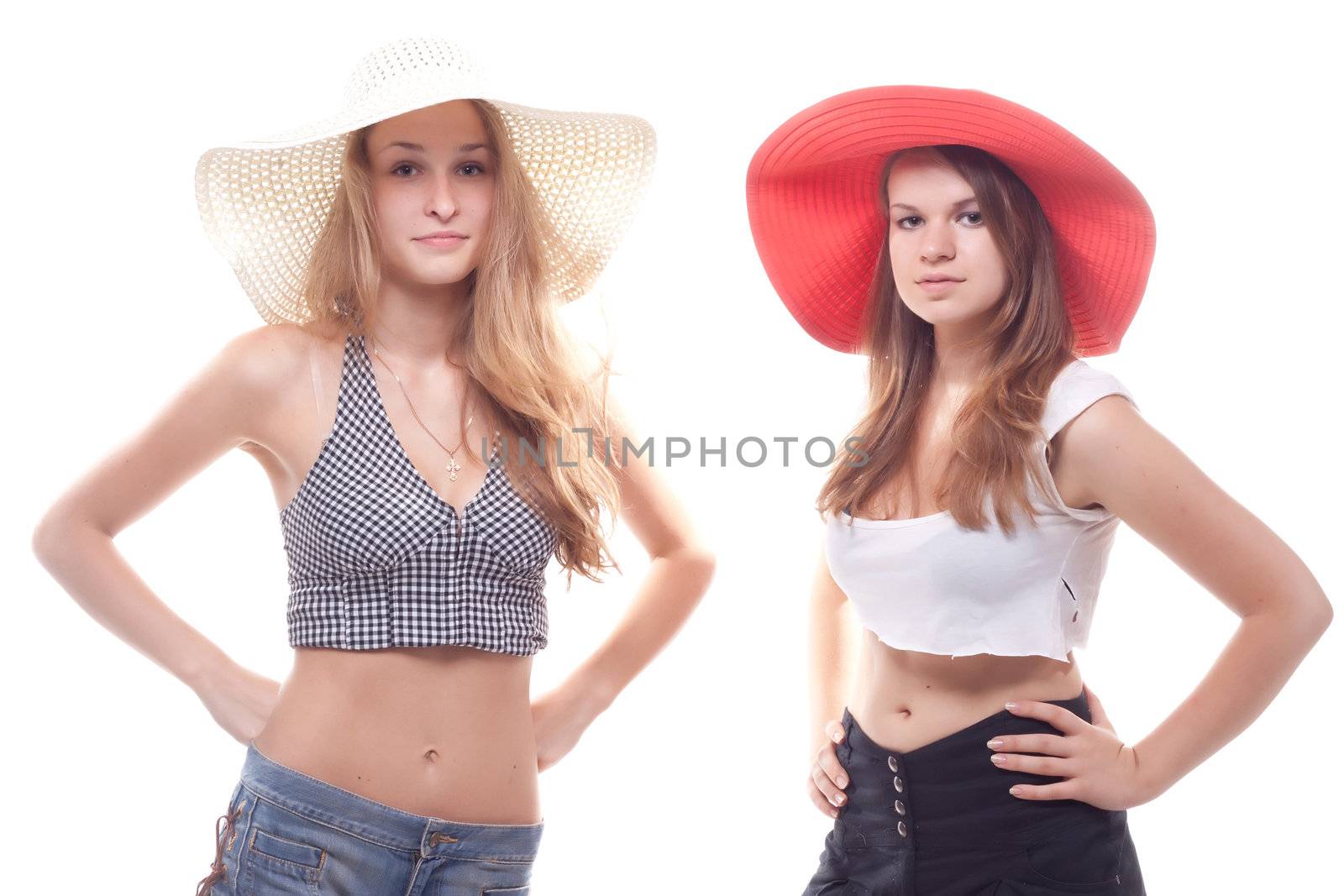 Two girls in summer hats by victosha