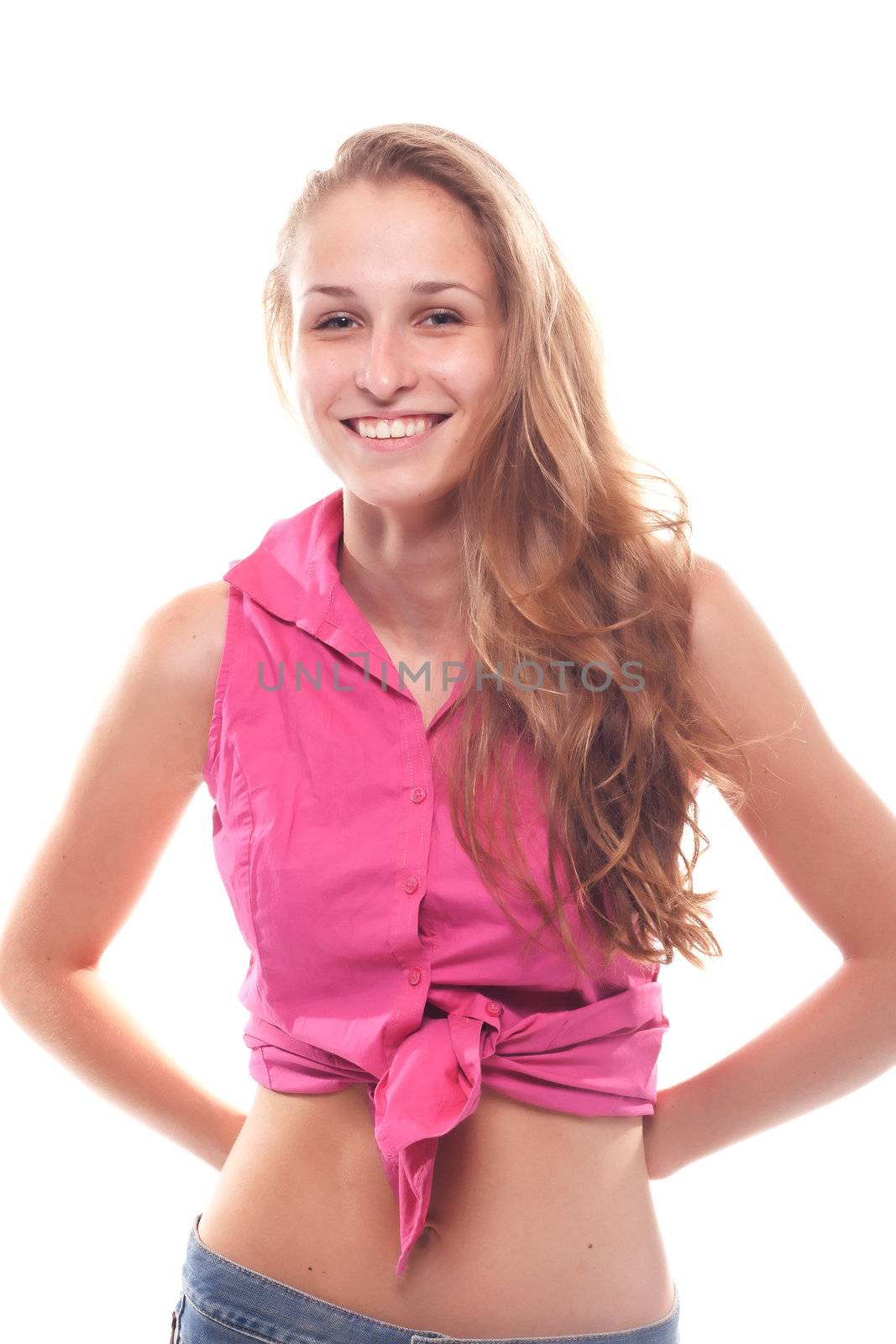 portrait of a beautiful girl in a pink shirt tied at the abdomen  by victosha