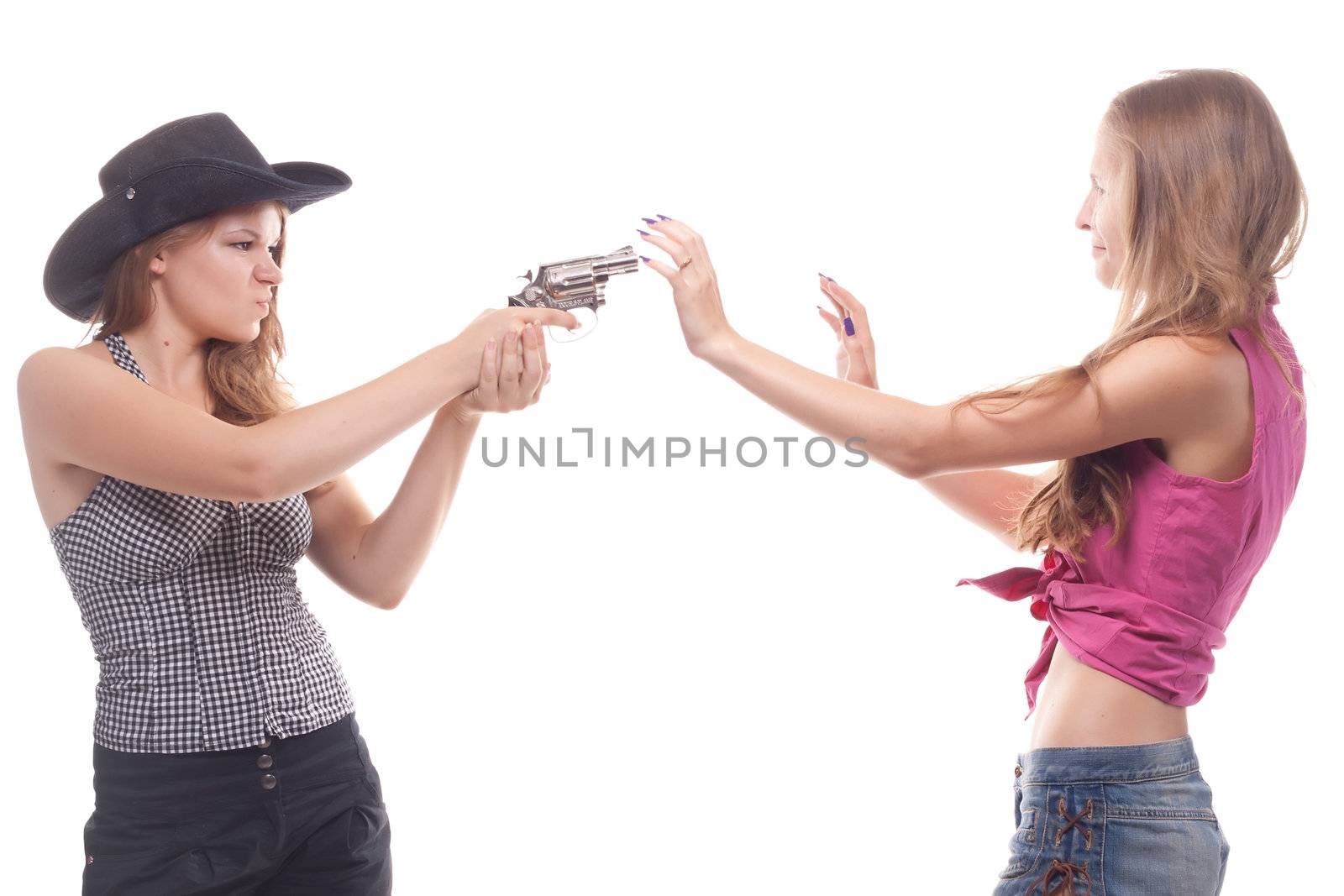 Portrait of two young girls with a gun by victosha