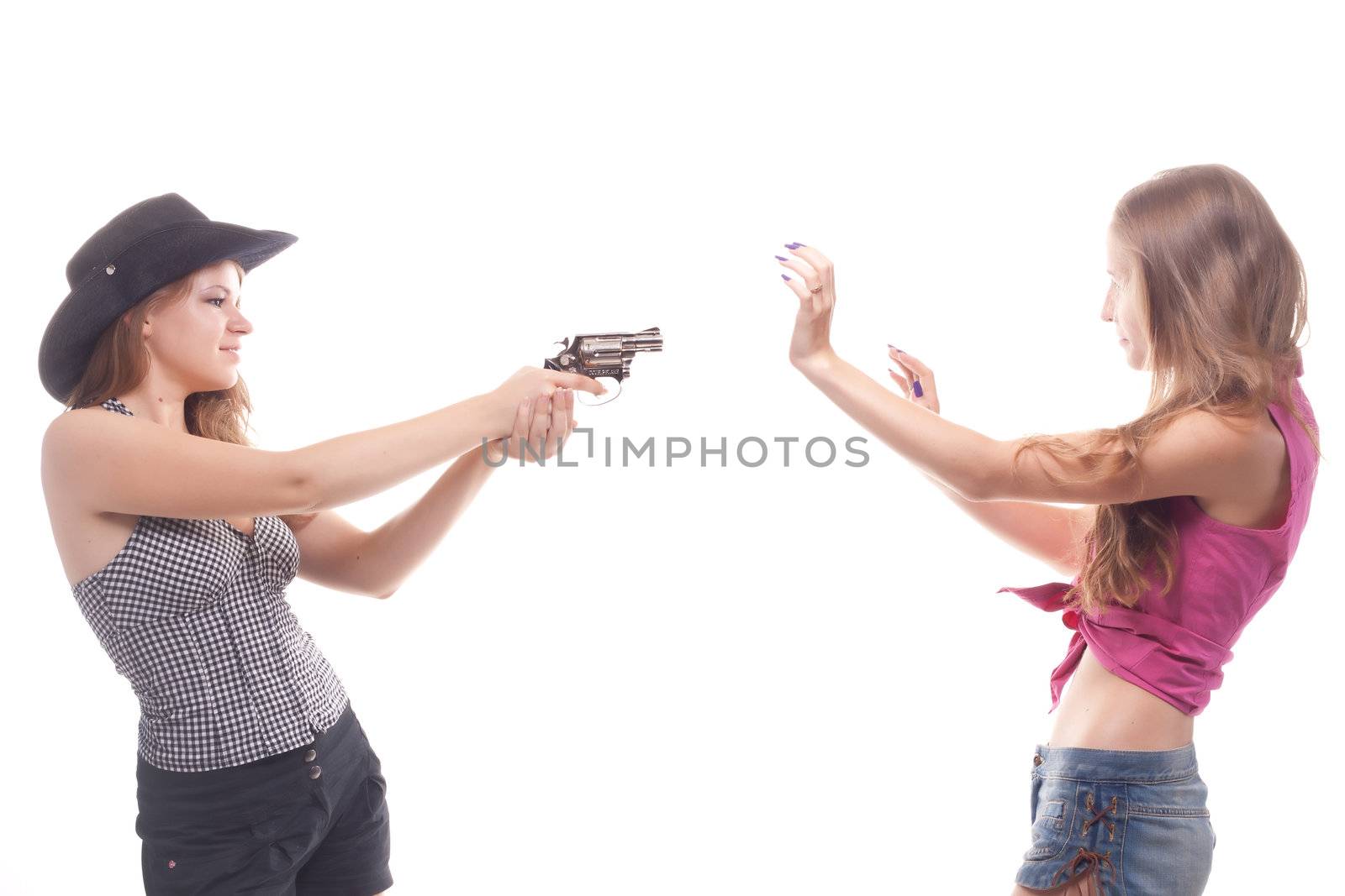 Portrait of two young girls with a gun by victosha