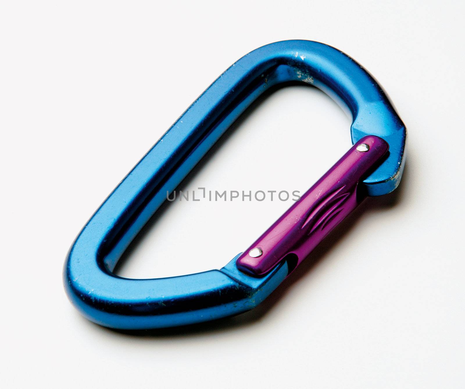 A detail of a blue snap hook