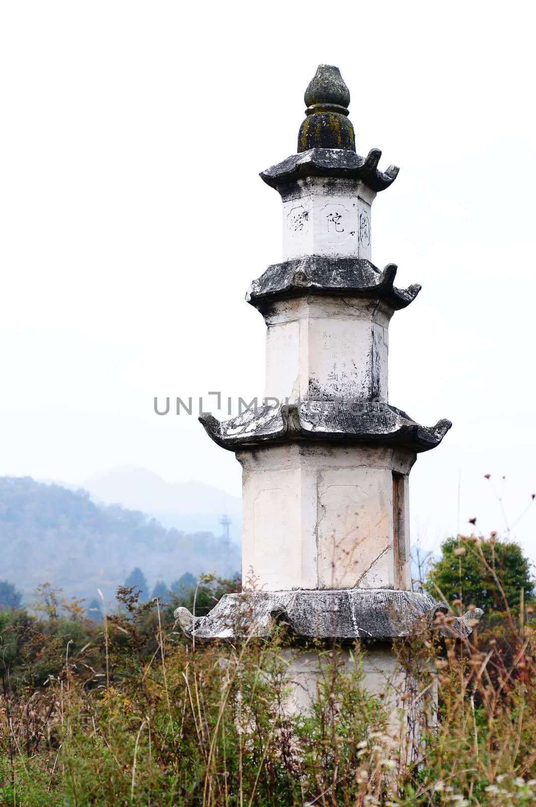 Chinese ancient pagoda ruins in the fields