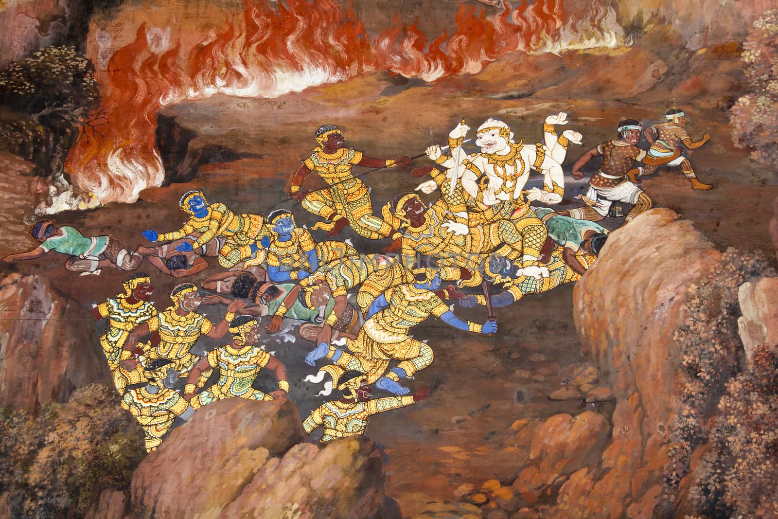 public art painting at wat phra kaew, thailand