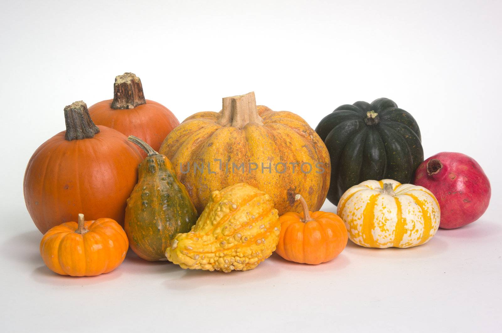 Cornucopia of fresh pumpkins, squash, apples and pomegranet isolated on white background