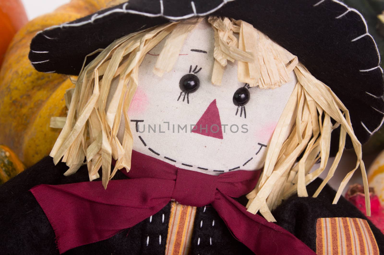 Close up view of straw stuffed scarecrow