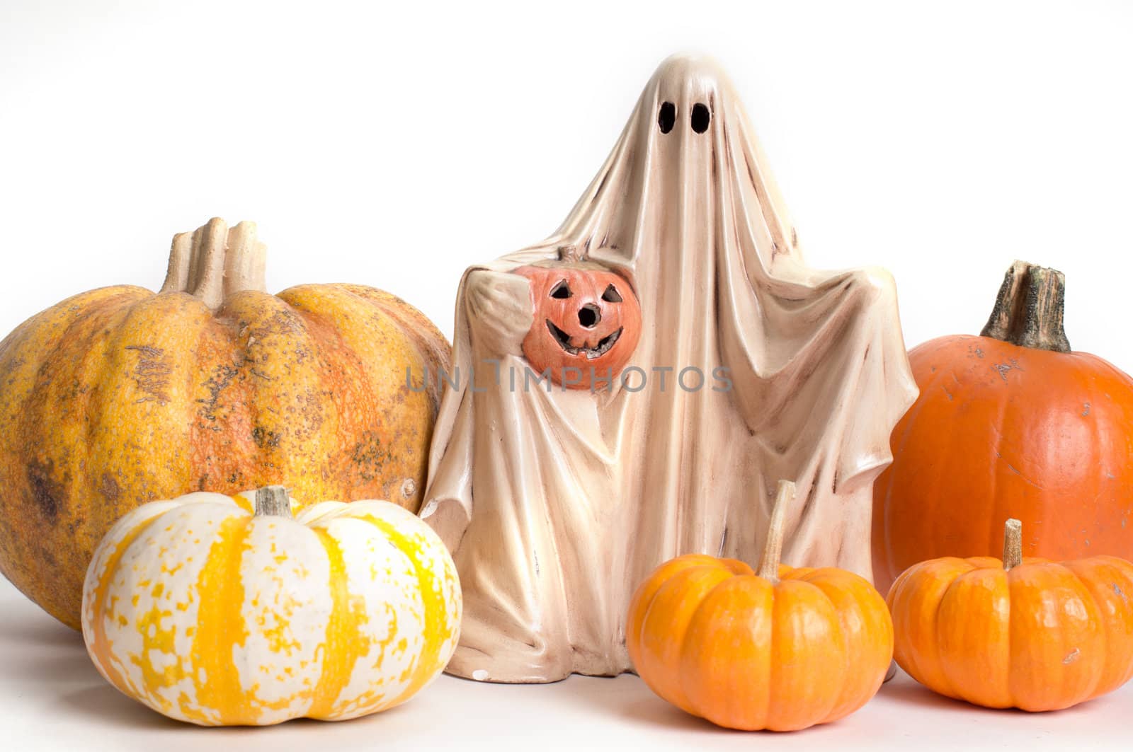 Cinderella & fairytale pumpkins with halloween ghost isolated on white background