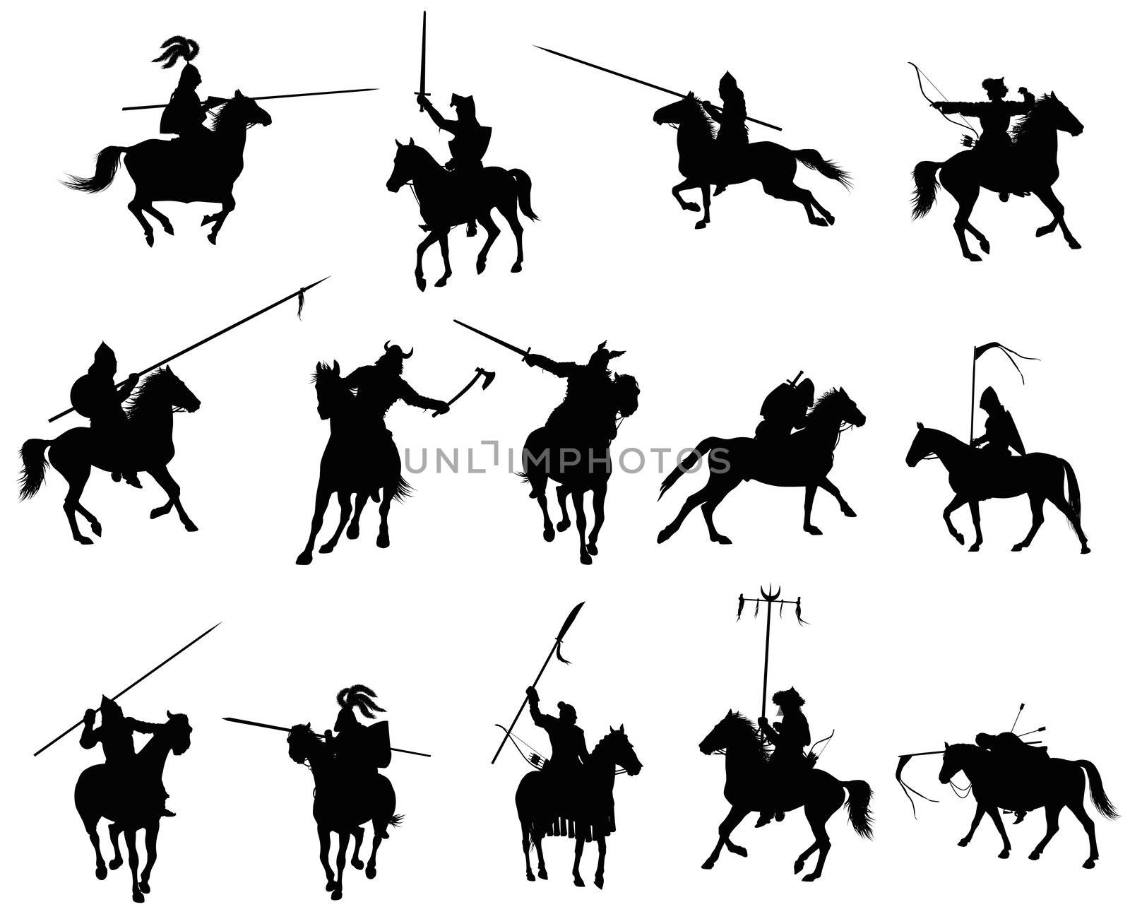 Knights and medieval warriors on horseback detailed silhouettes set. Vector