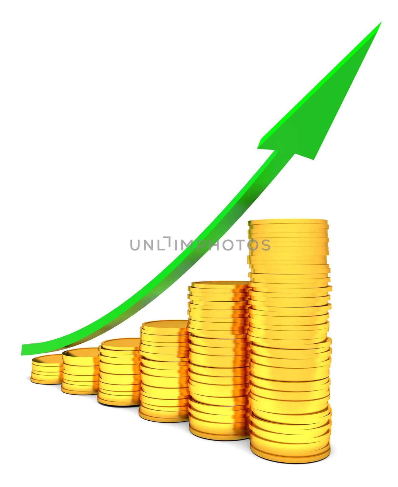 Coins chart and arrow on the white background