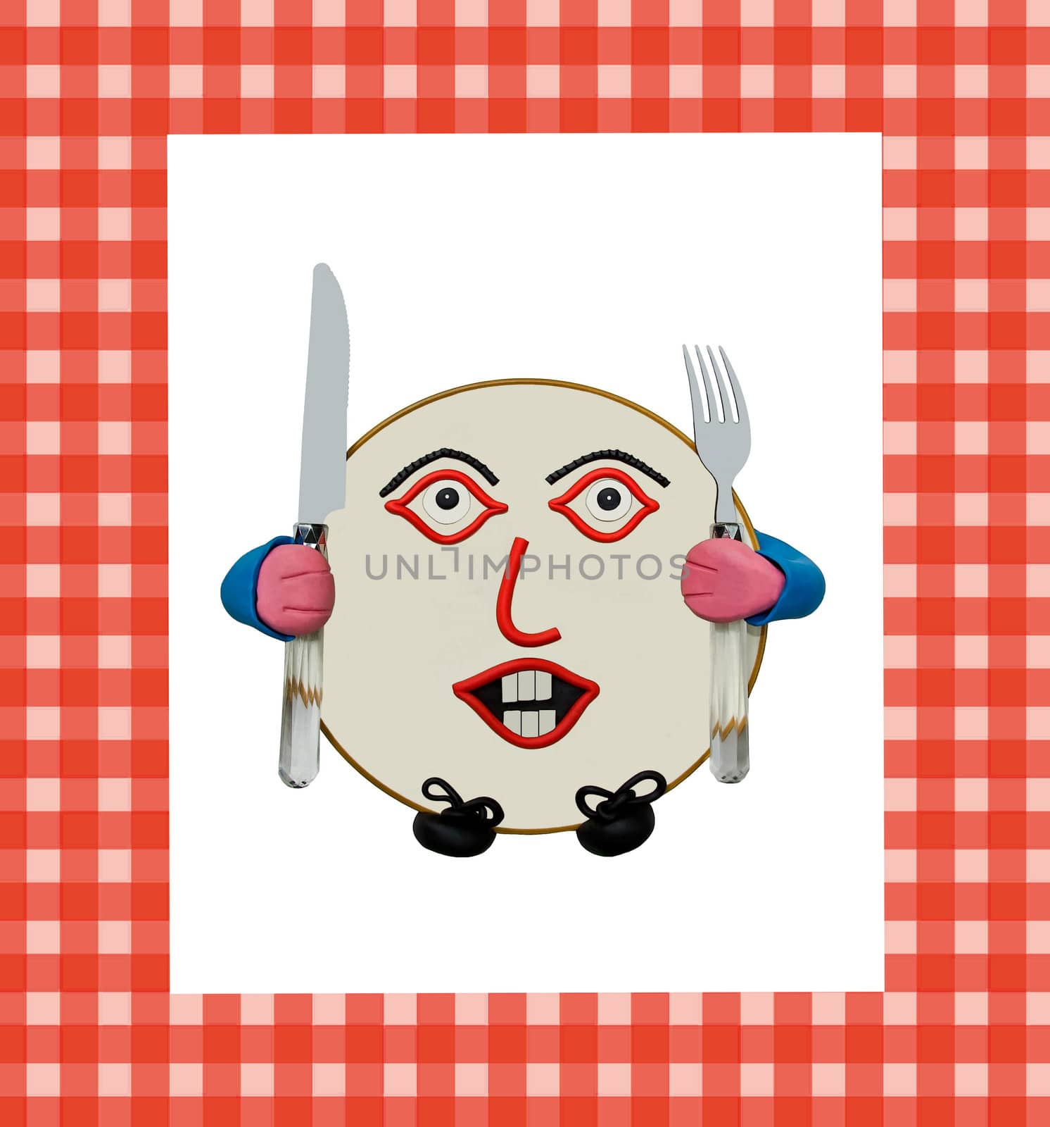 plate on a tablecloth, character very very hungry