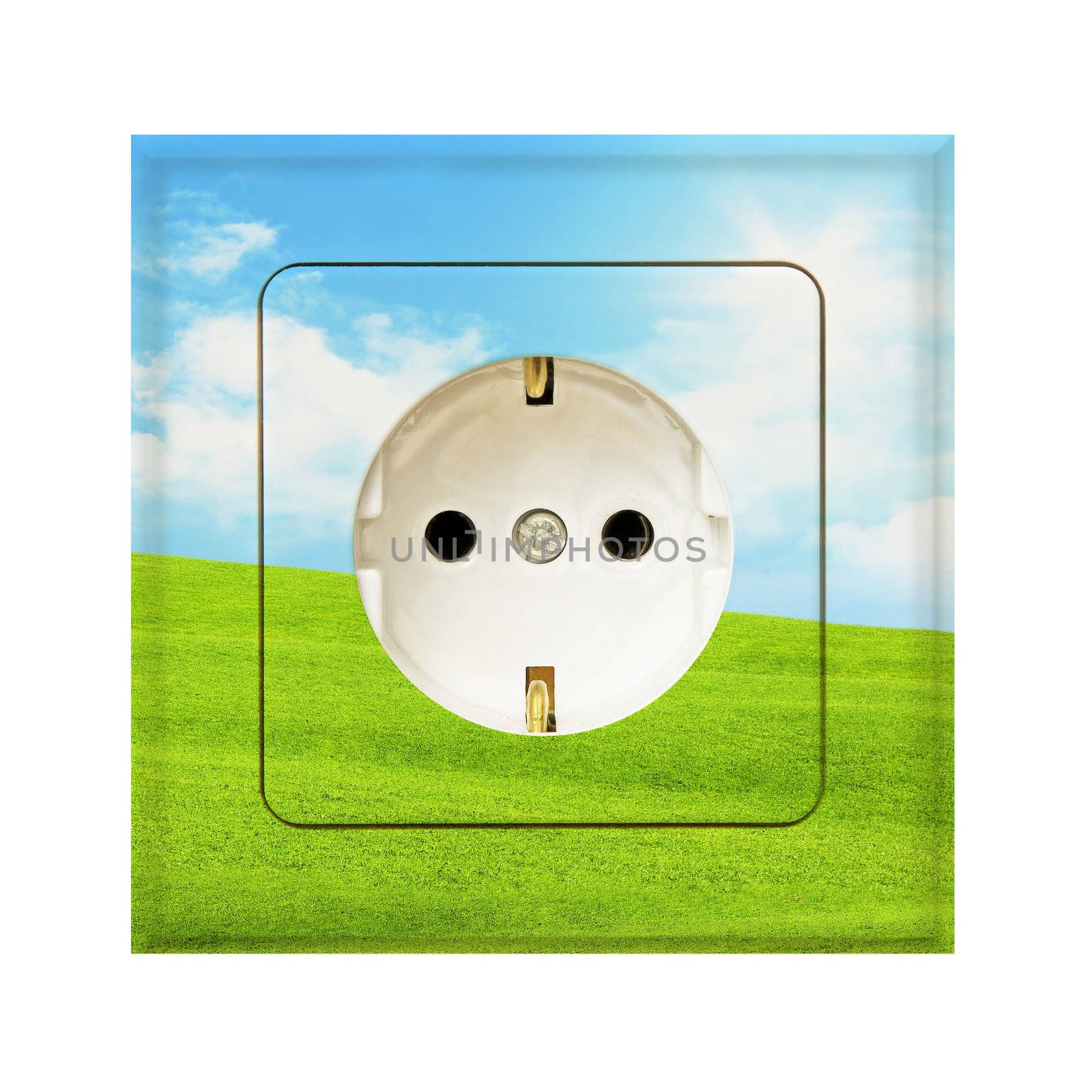 electric socket with green meadow and blue sky