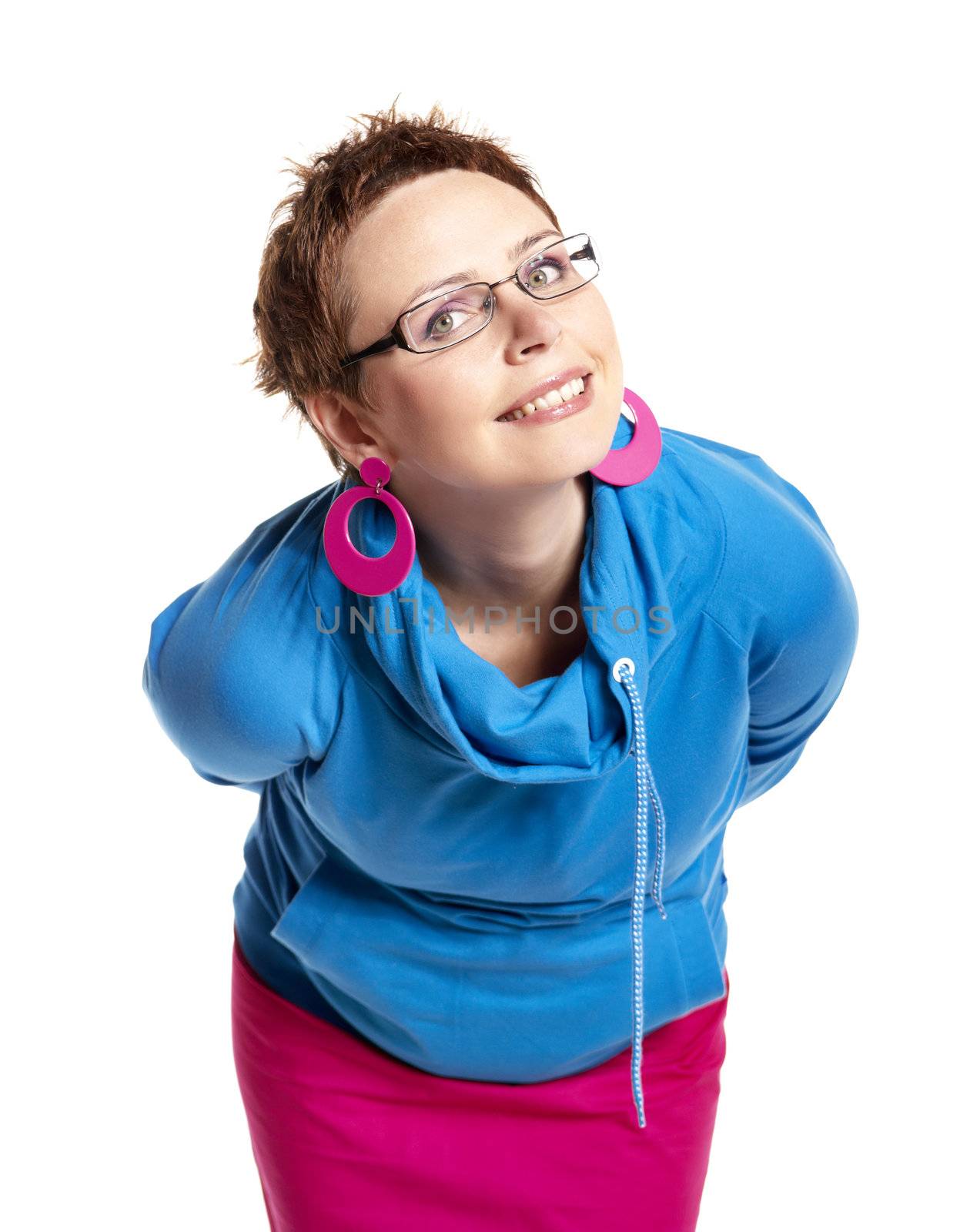 Young woman makes funny face. Isolated on white. Studio shot.
