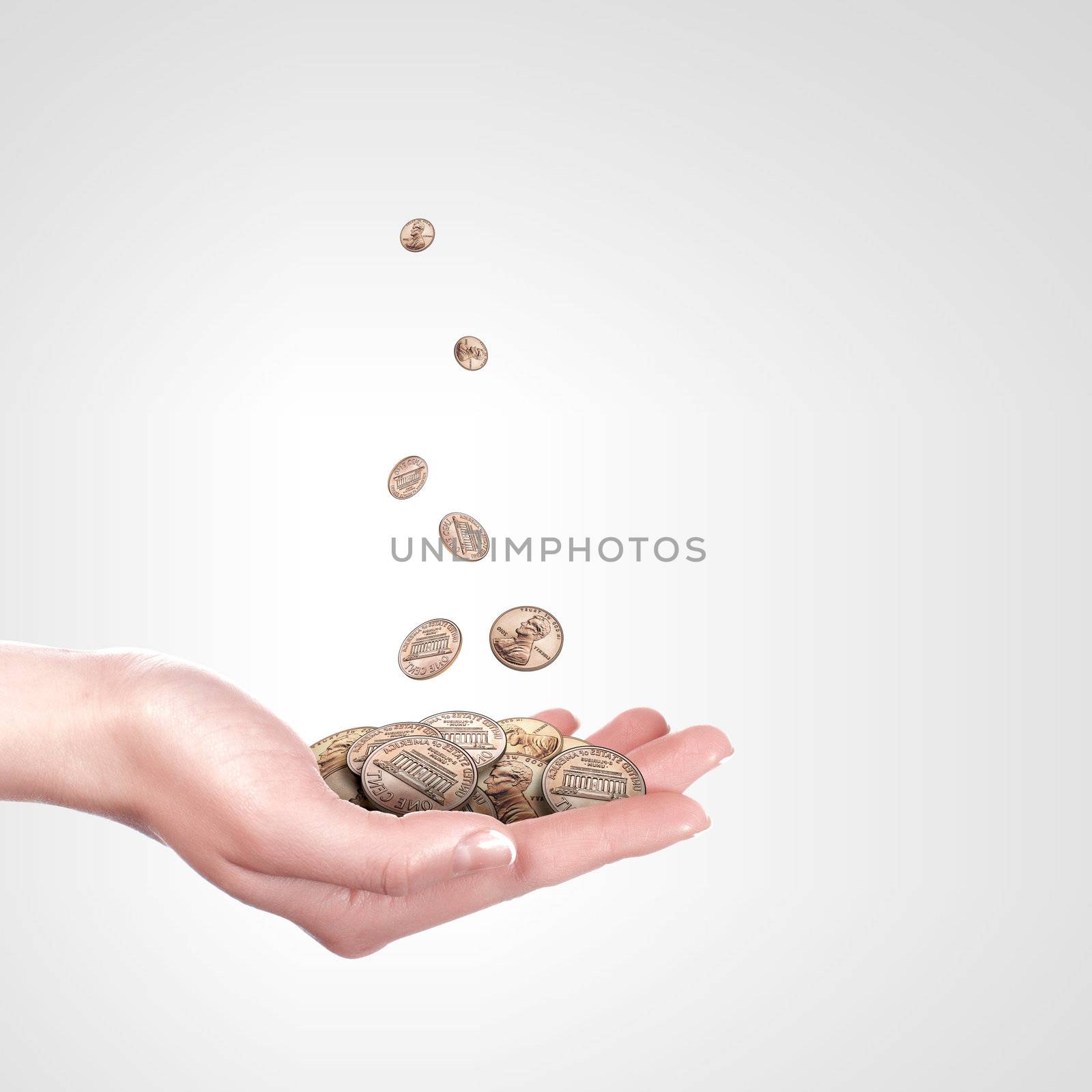 Human hand holding money on white background