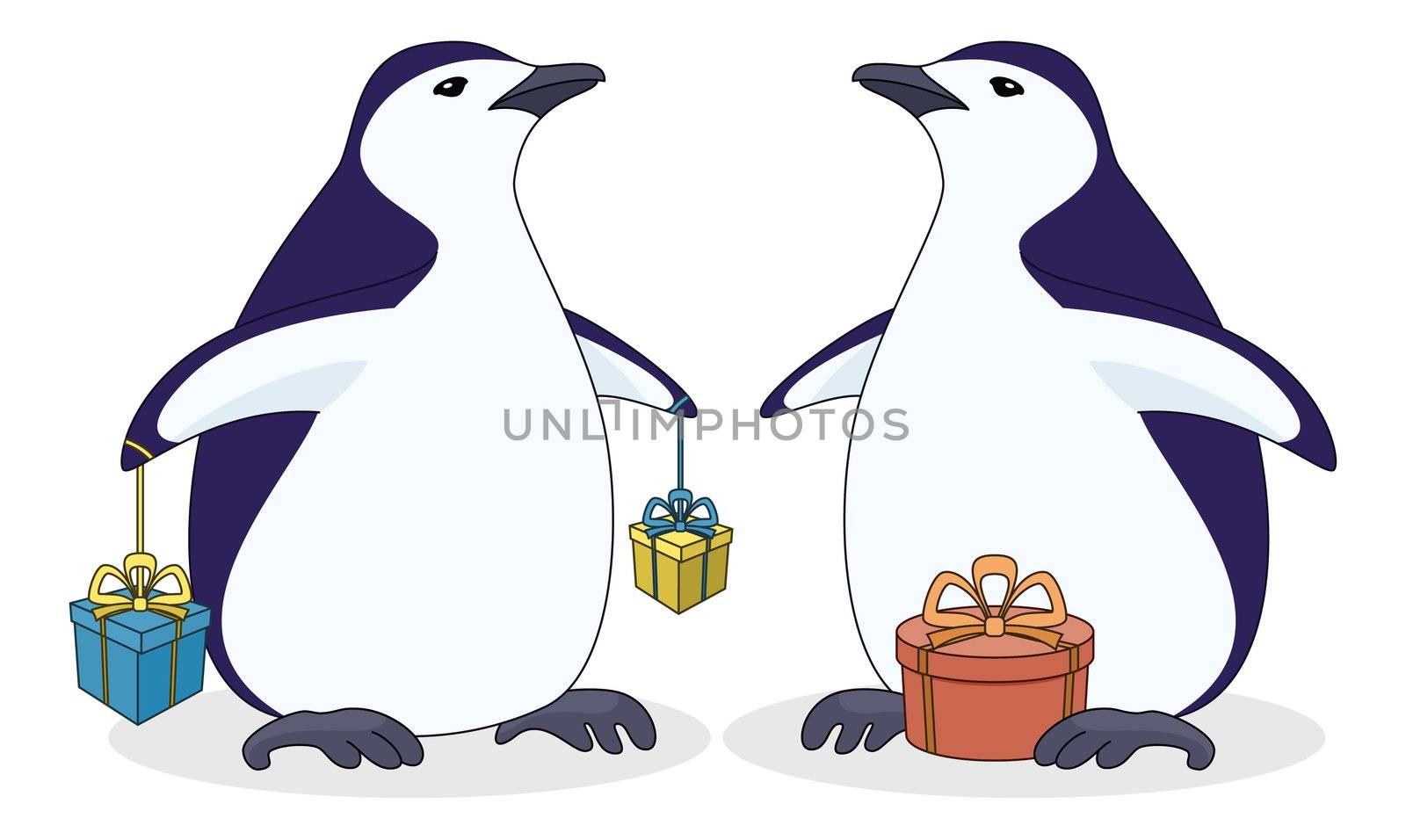 Cartoon antarctic penguin with holiday gift boxes