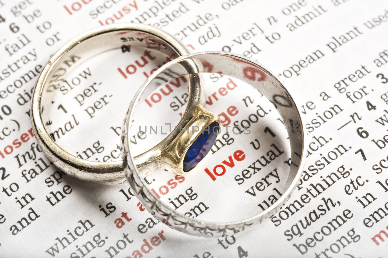 Wedding rings on a dictionary page showing love
