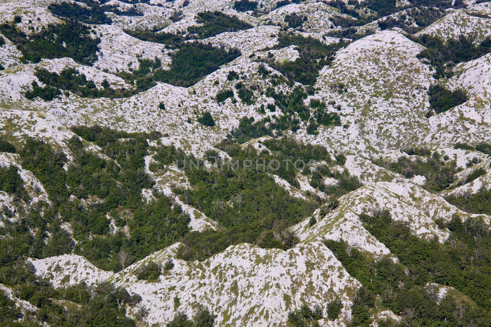 Bird's eye view of scenic hilltops in Biokovo nature park on Dalmatian coast near Makarska Riviera in Croatia