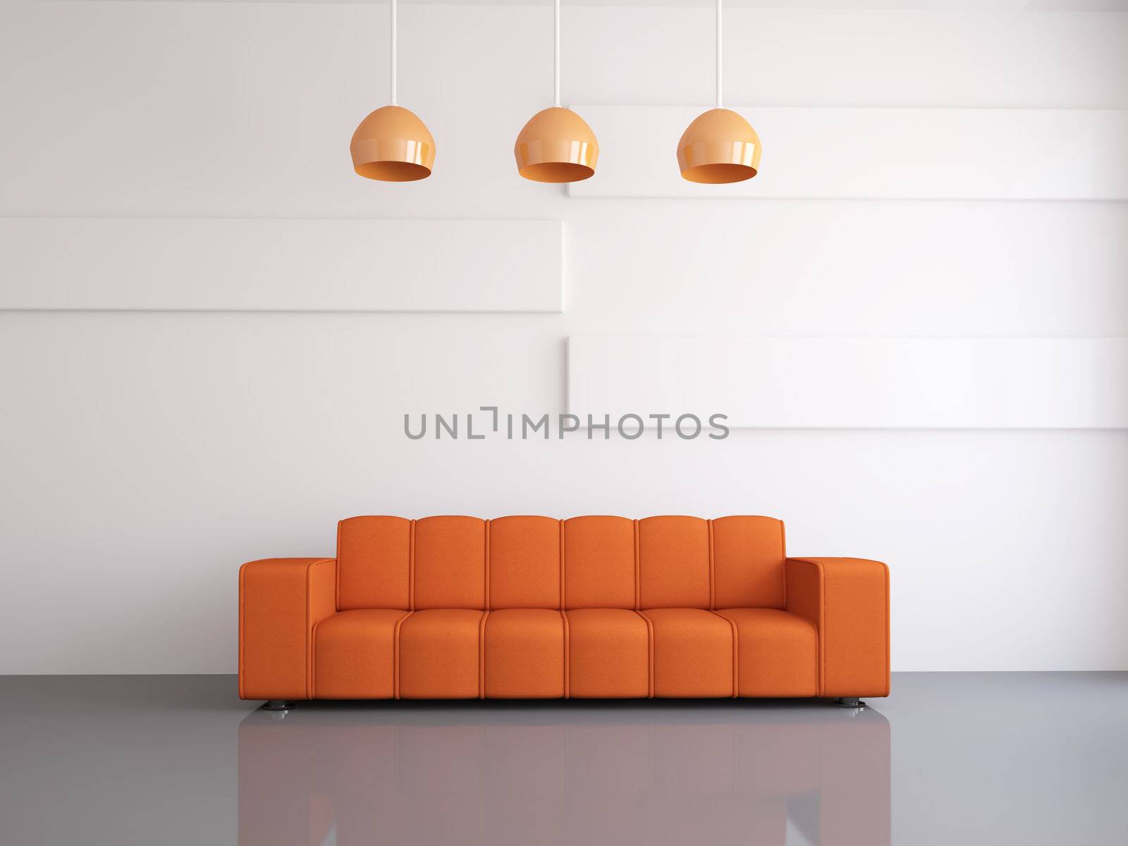 Interior of a room with an orange sofa
