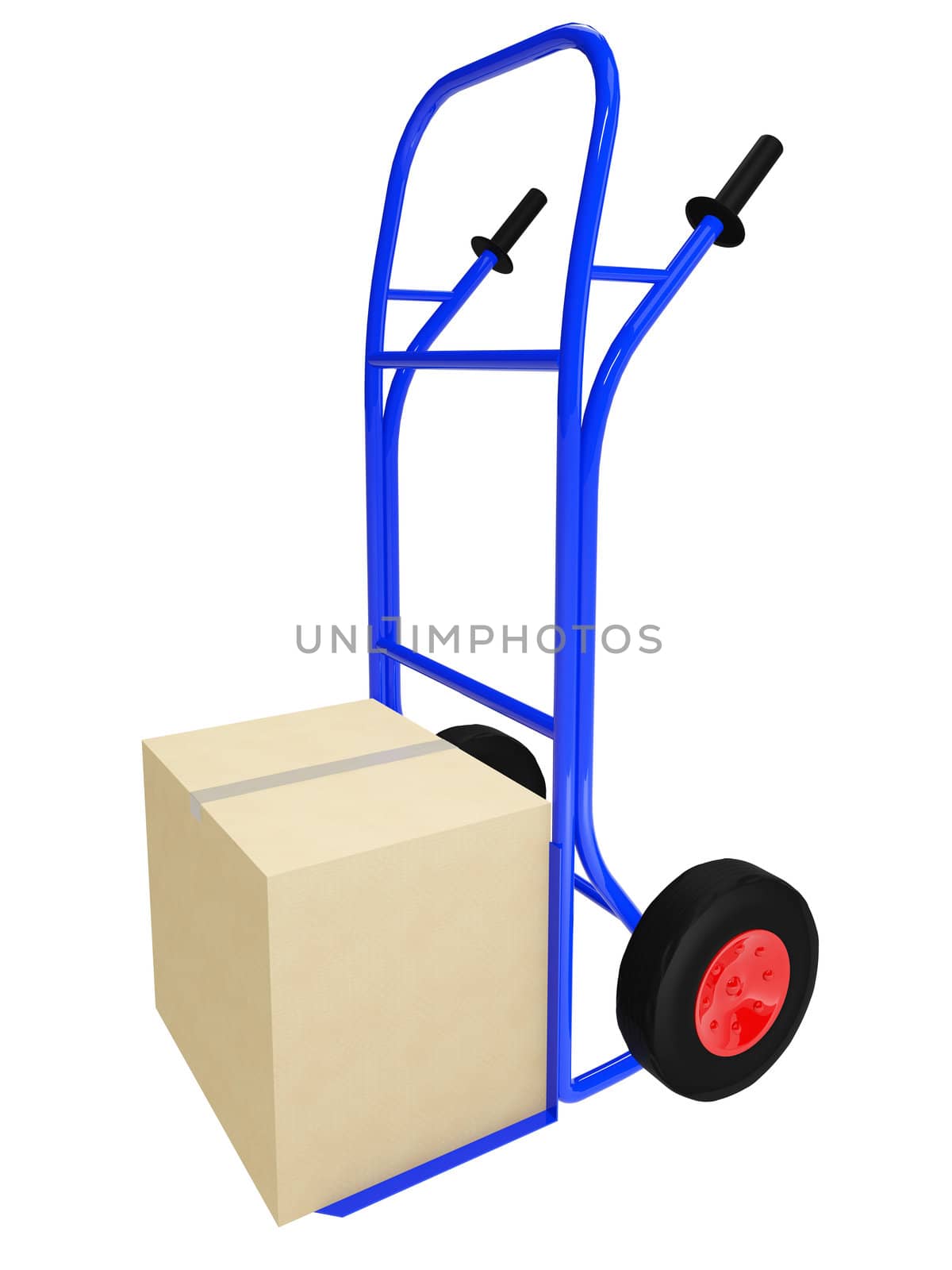 The blue pushcart  with big cardboard box