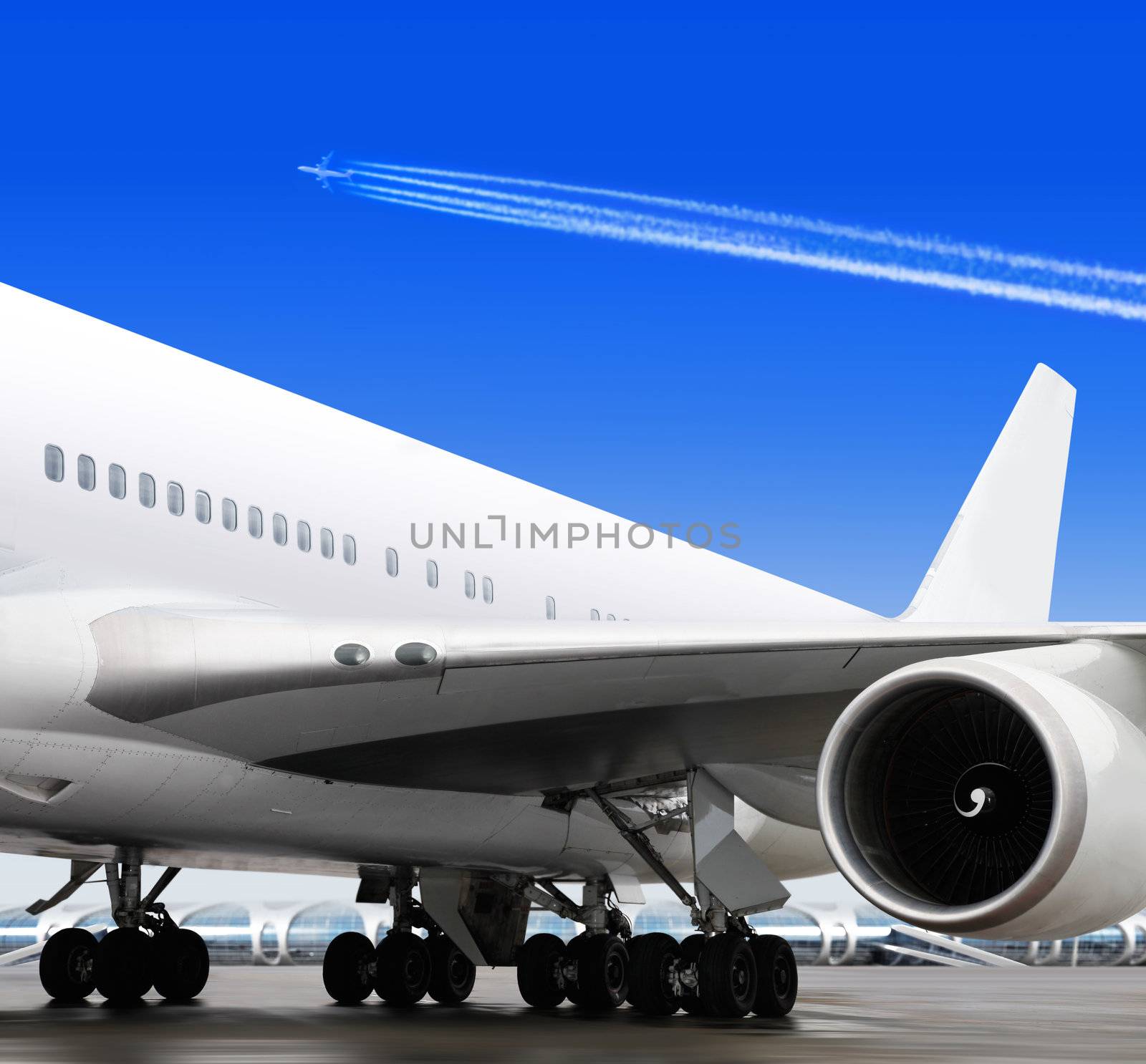 turbine of big passenger plane that waiting for departure in airport