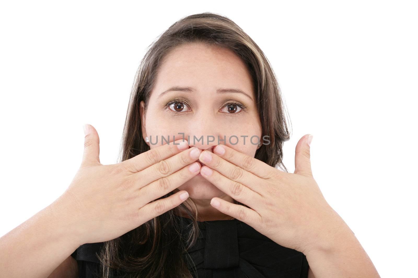 Beautiful young woman covering the face with her hands, isolated by dacasdo