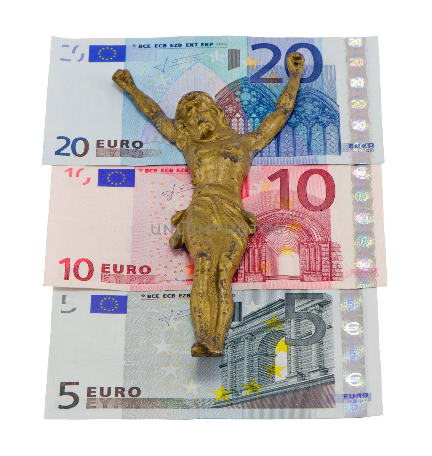 concept gold jesus crucify euro banknotes isolated by sauletas