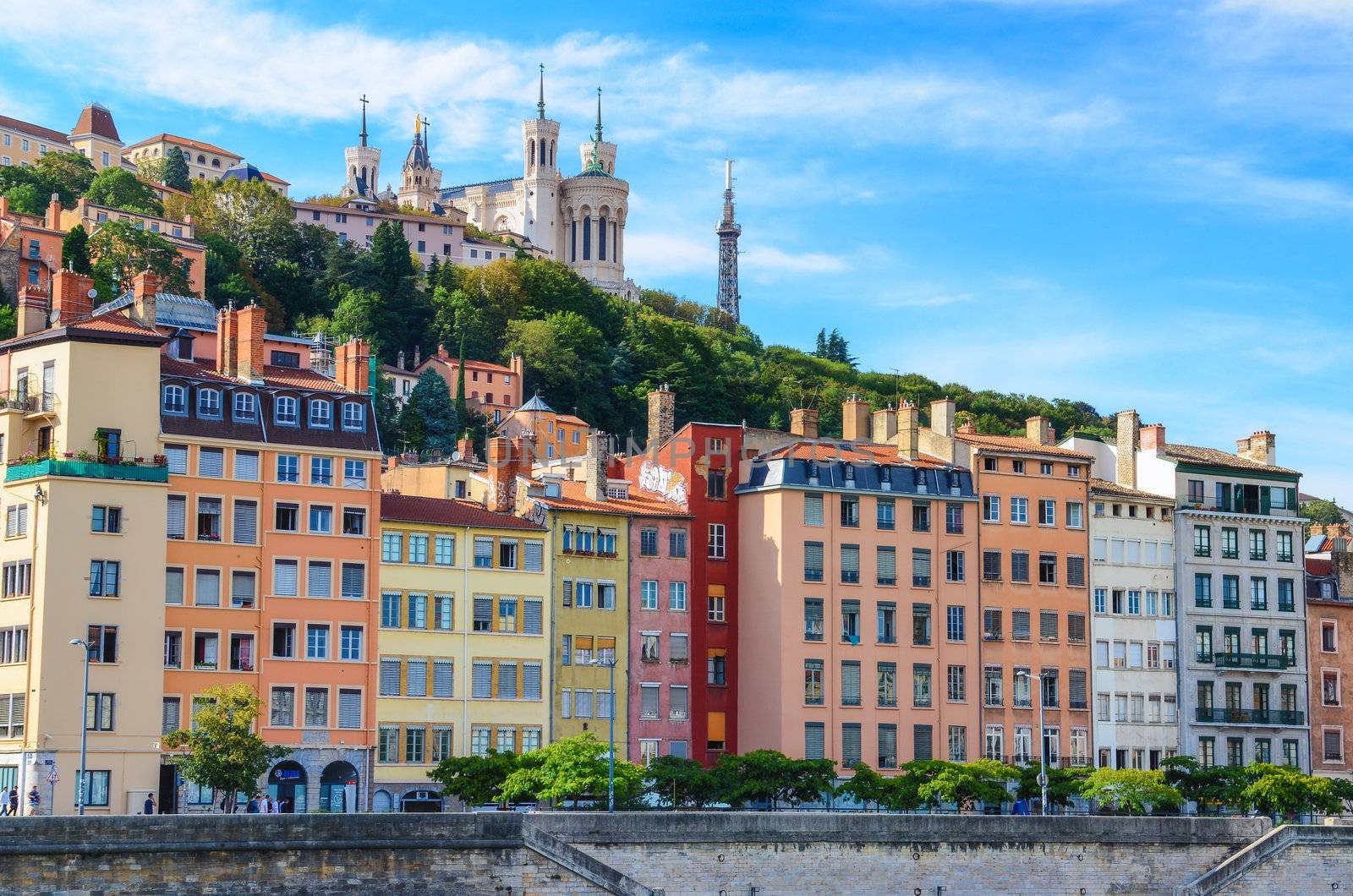 Lyon colorful houses view from Saone river, France