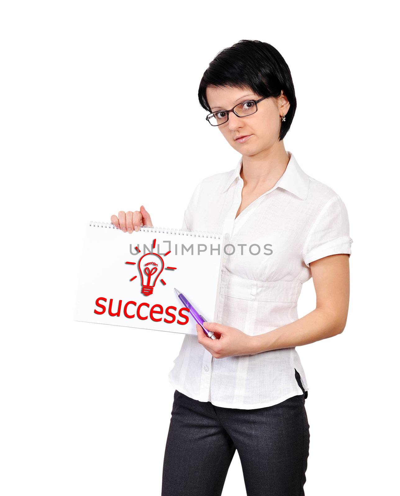 Woman holding a placard with success