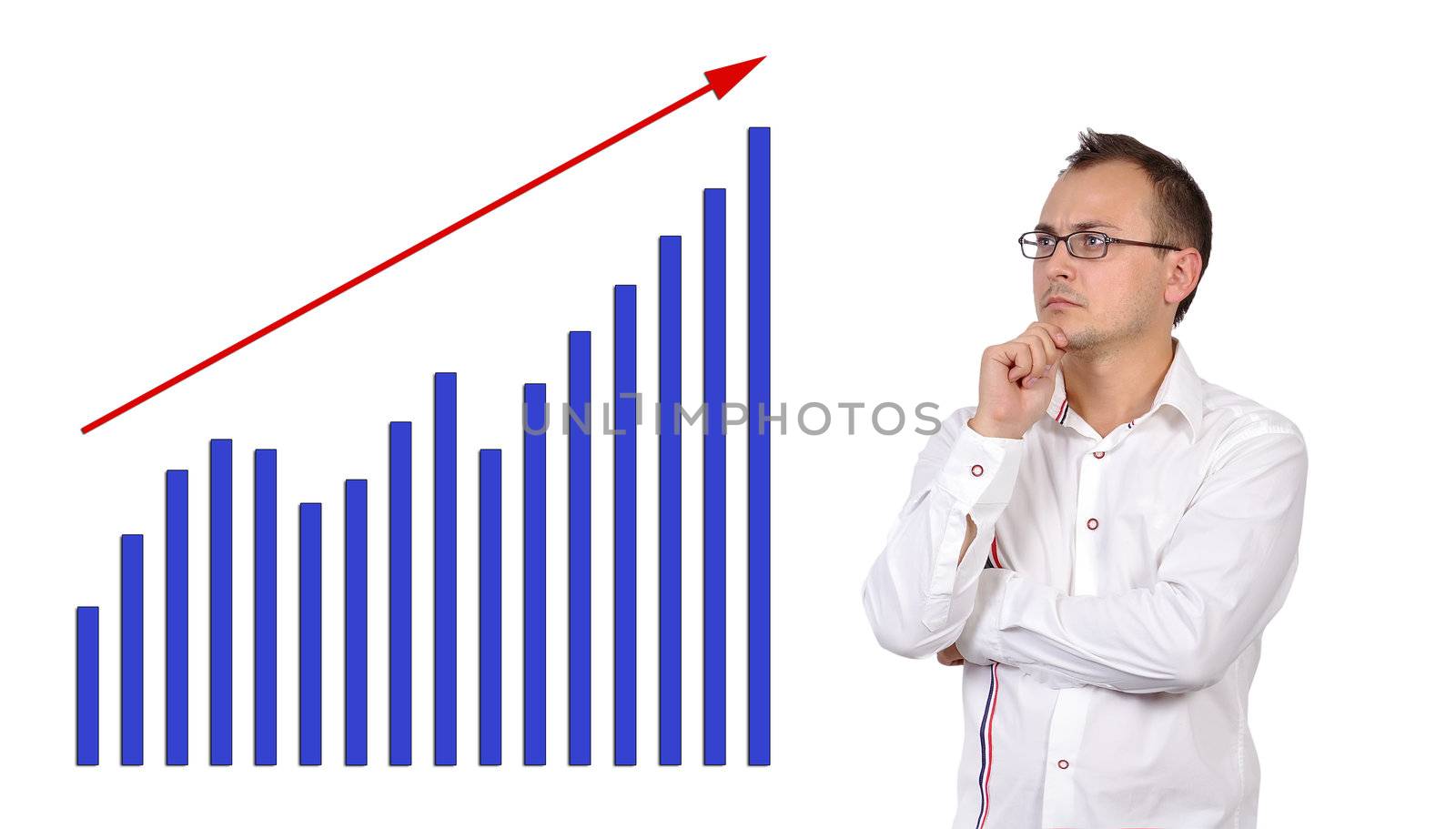 pensive businessman looking at growth chart profit