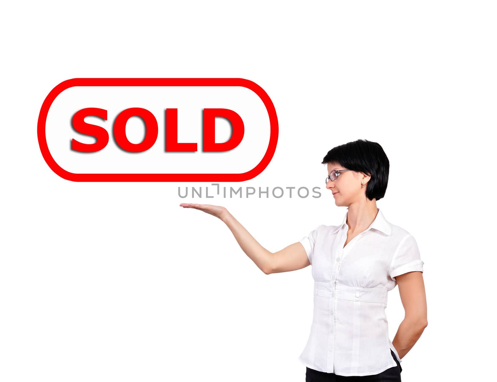 girl holding a banner sold