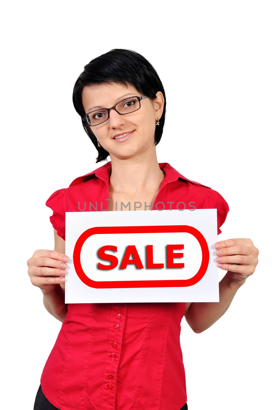 Woman holding a placard sale