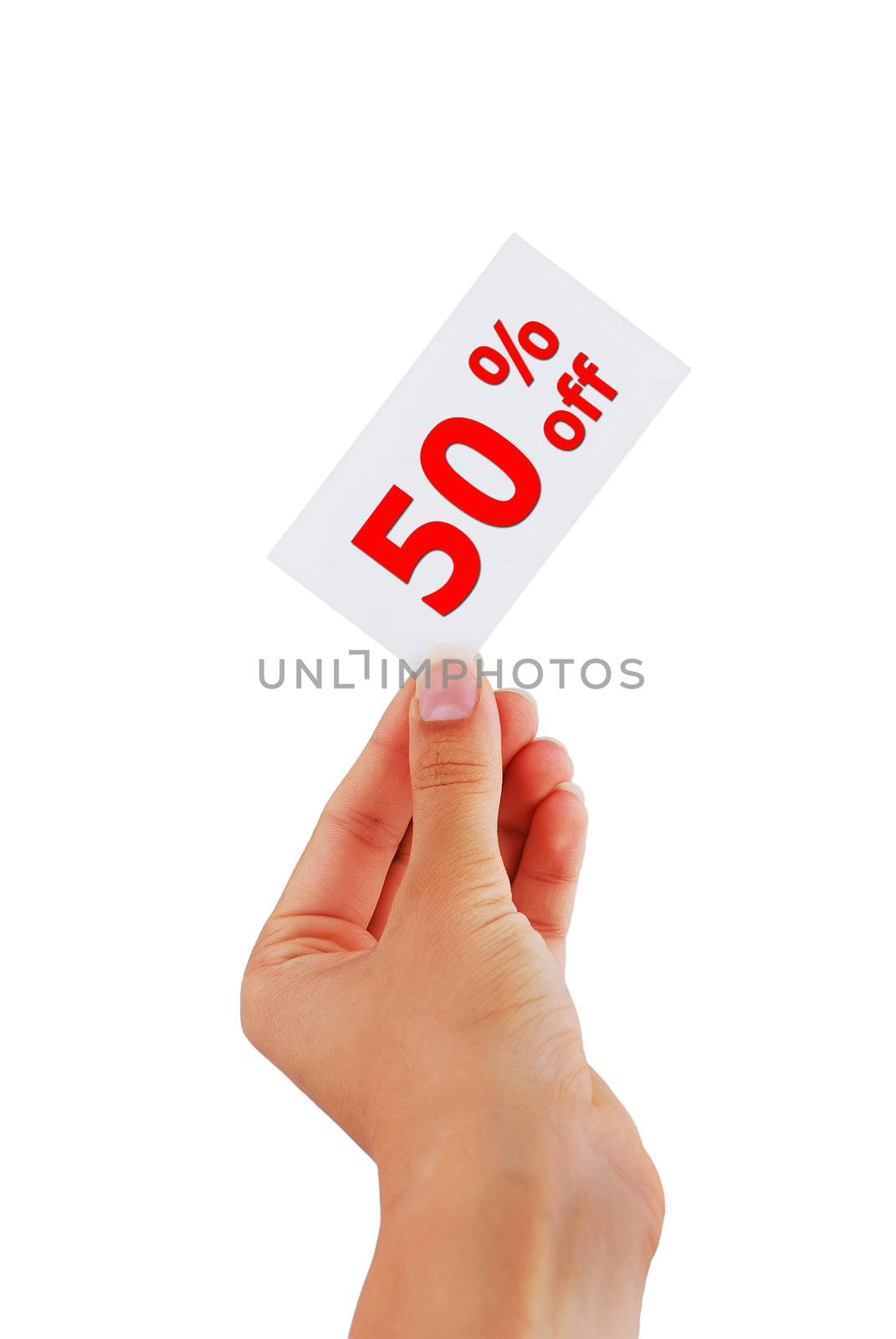 discount of 50 percent in hand on white background
