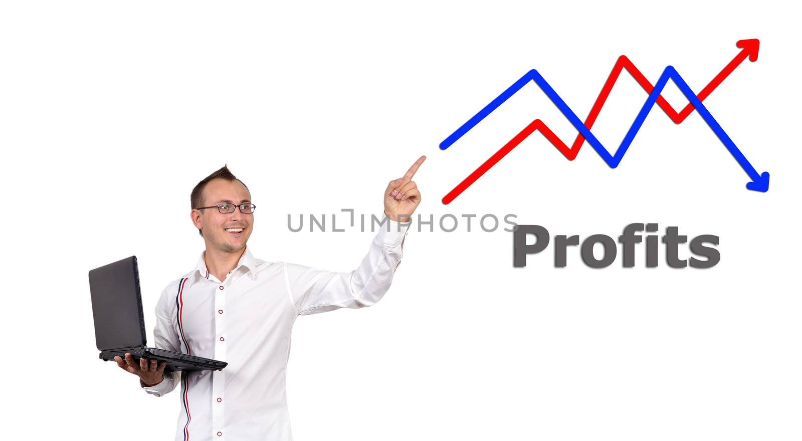 businessman with notebook  points to growth chart