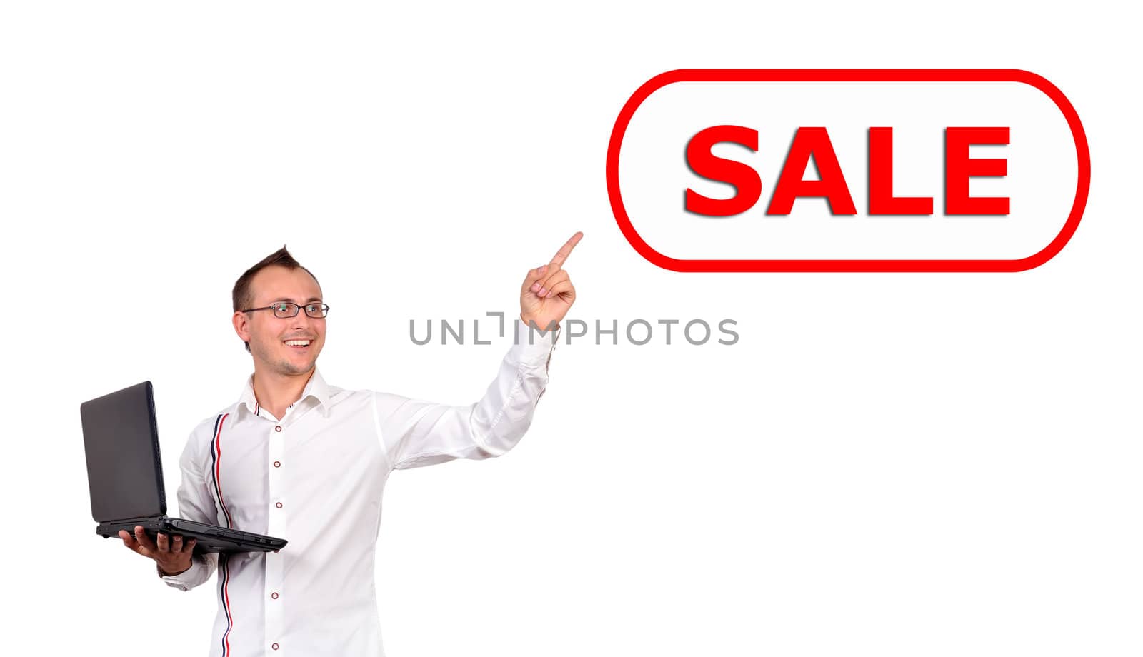 man with a laptop in hand points to sale