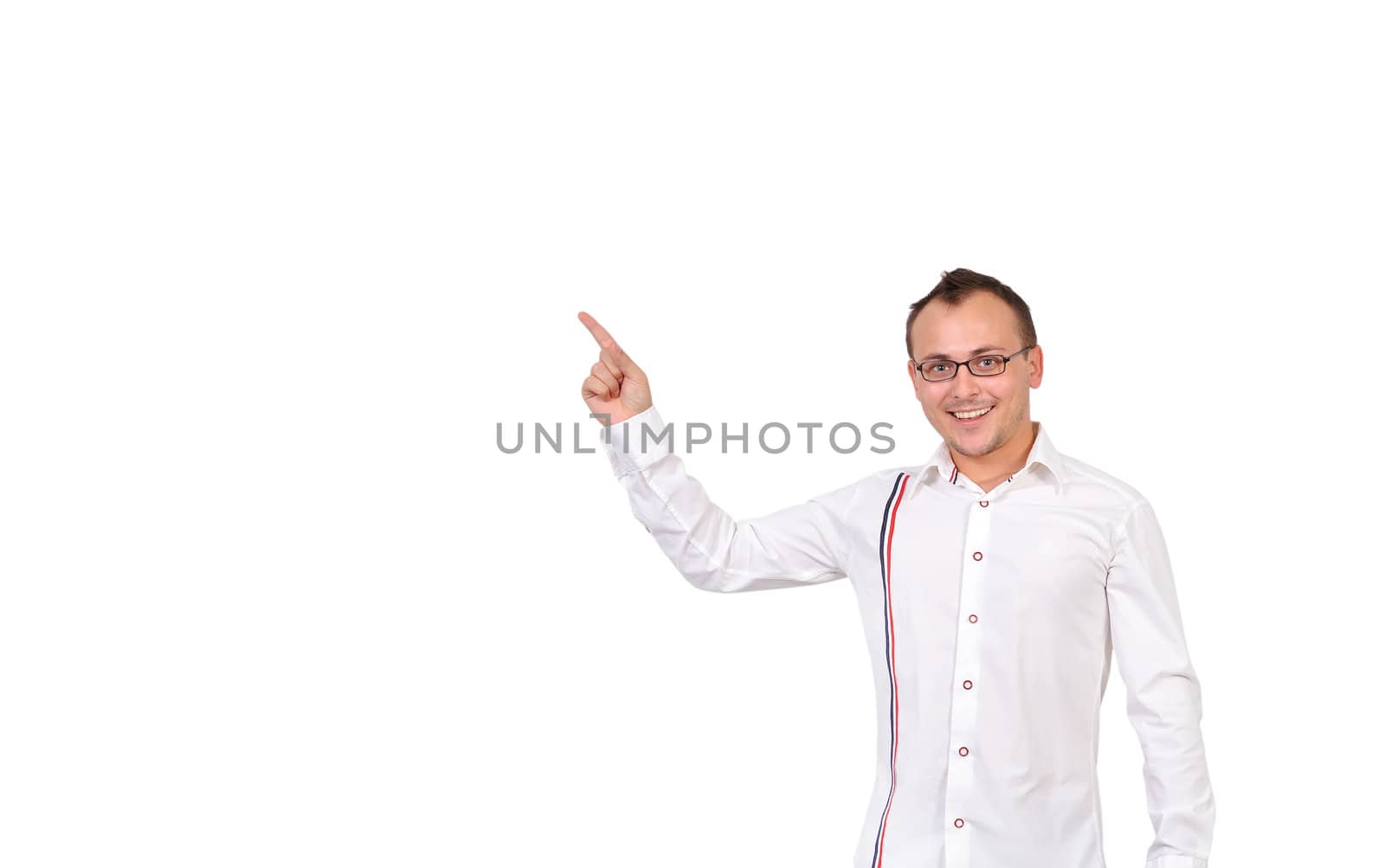 businessman shows his hand raised