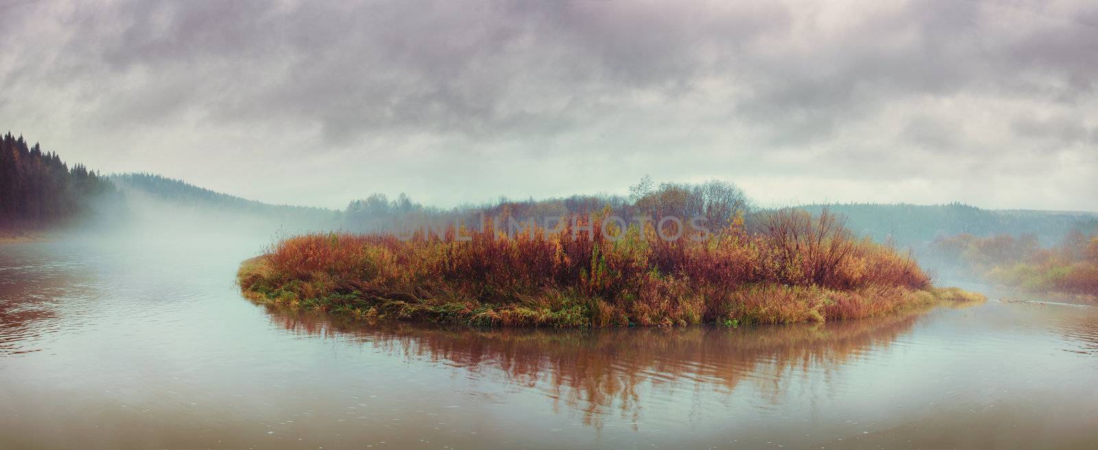 island in the autumn mist