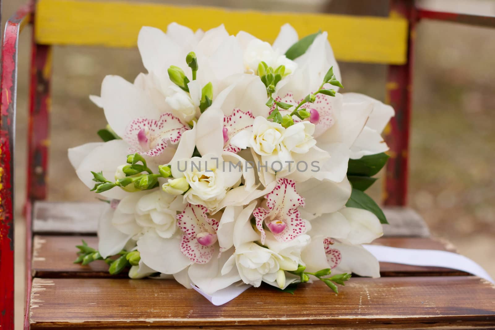Wedding bouquet of lilies outdoors shooting