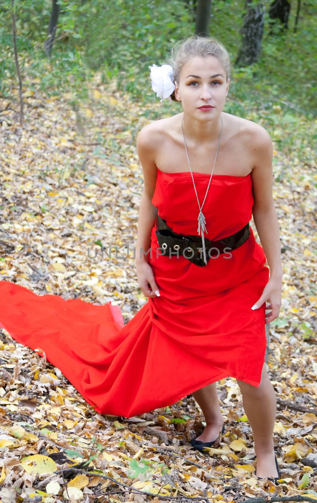 Pretty girl in red dress in the autumn in the woods  by victosha