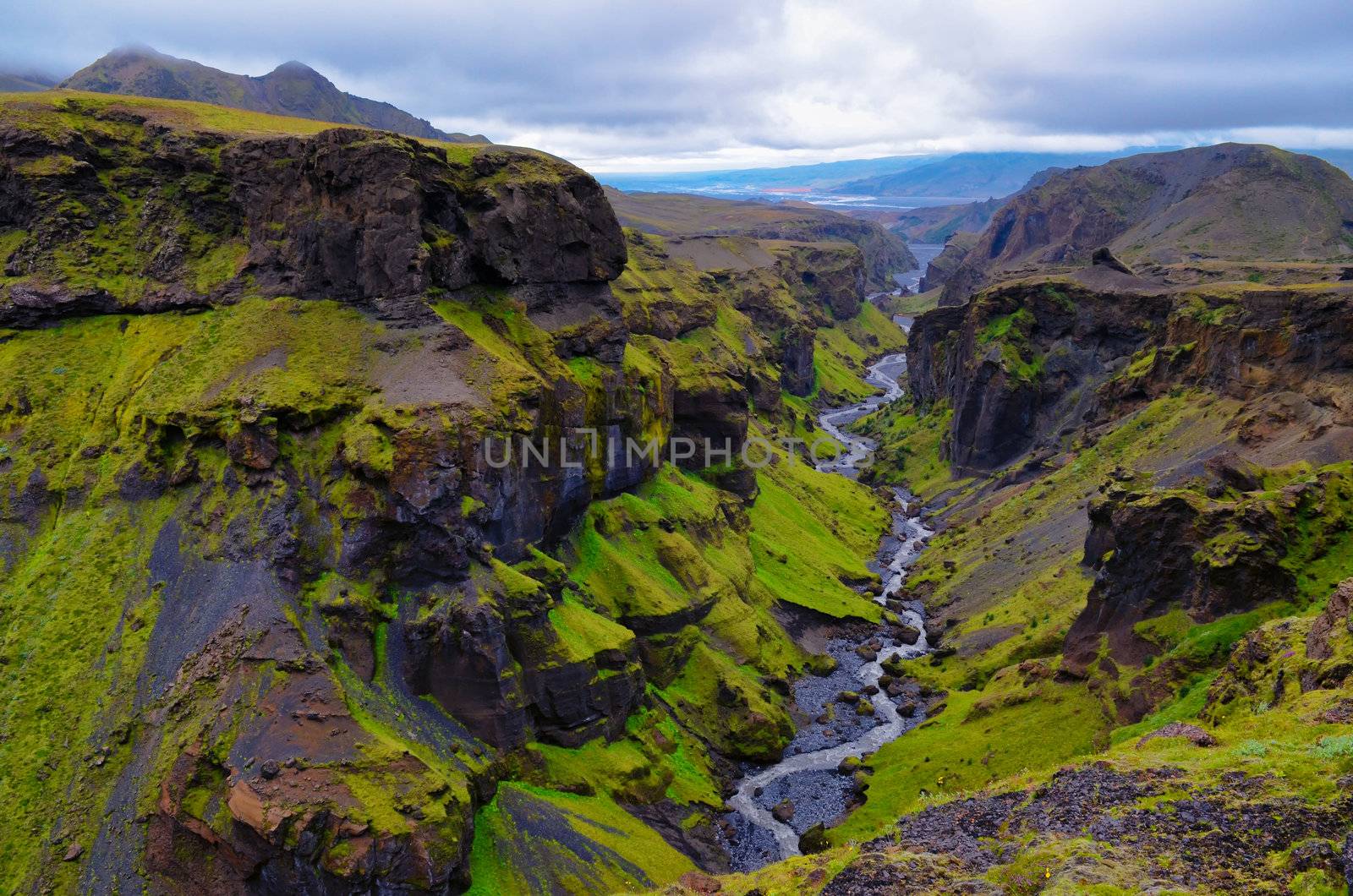 Thorsmork mountains canyon, meadows and river, near Skogar, Iceland
