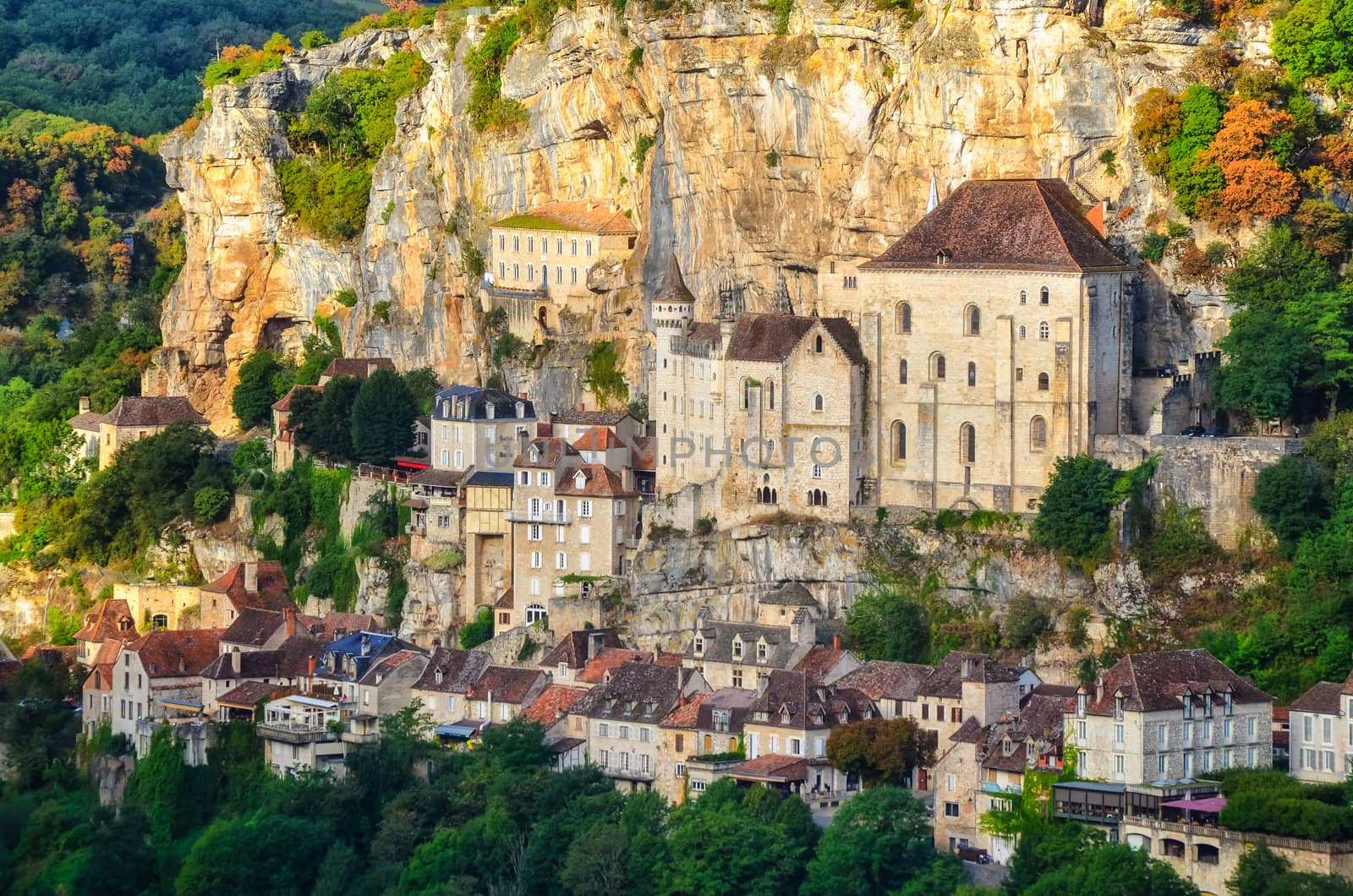 Rocamadour village detail view with sunlight, France