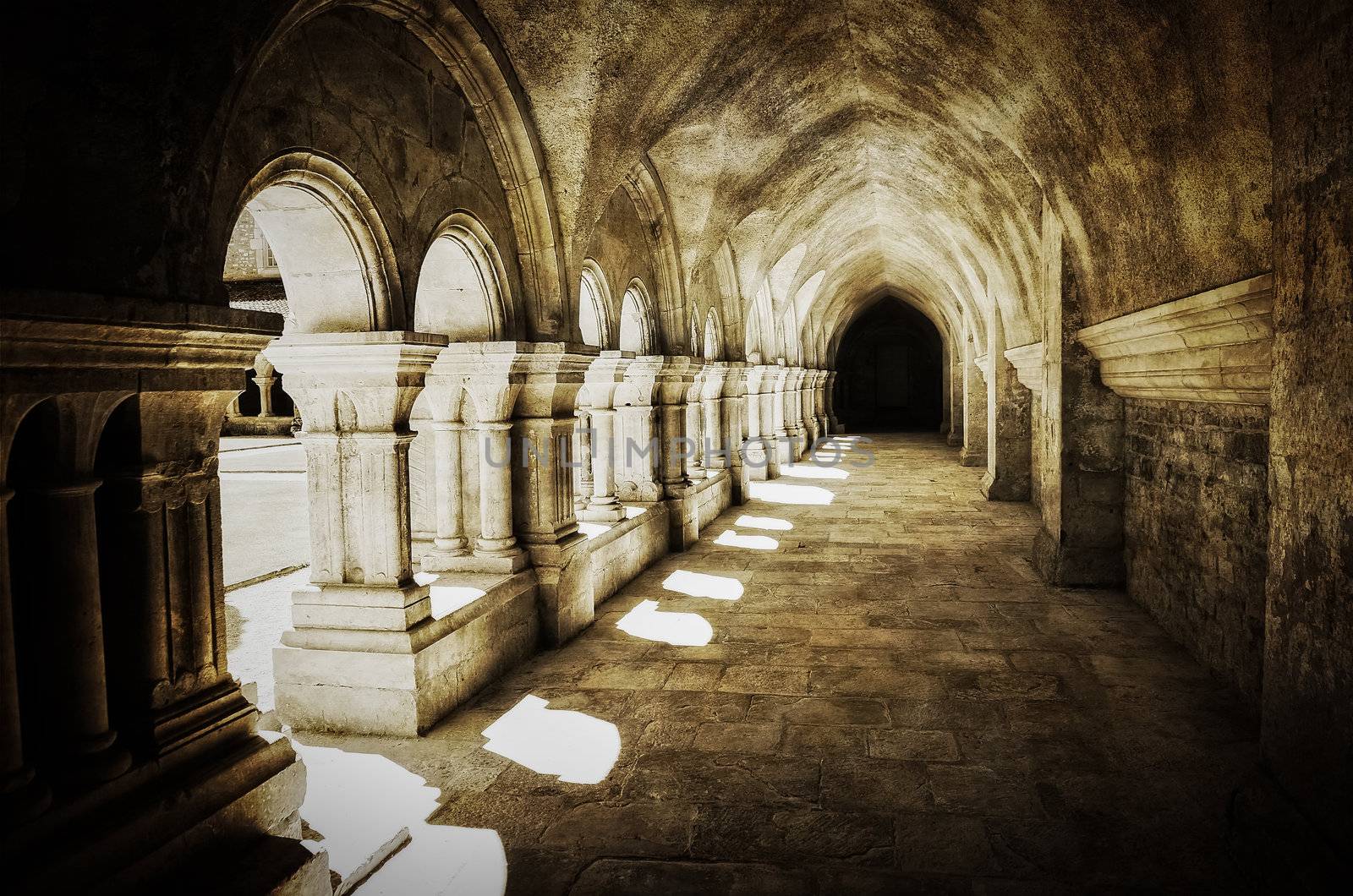 Abbaye de Fontenay archway hall vintage retro view, France