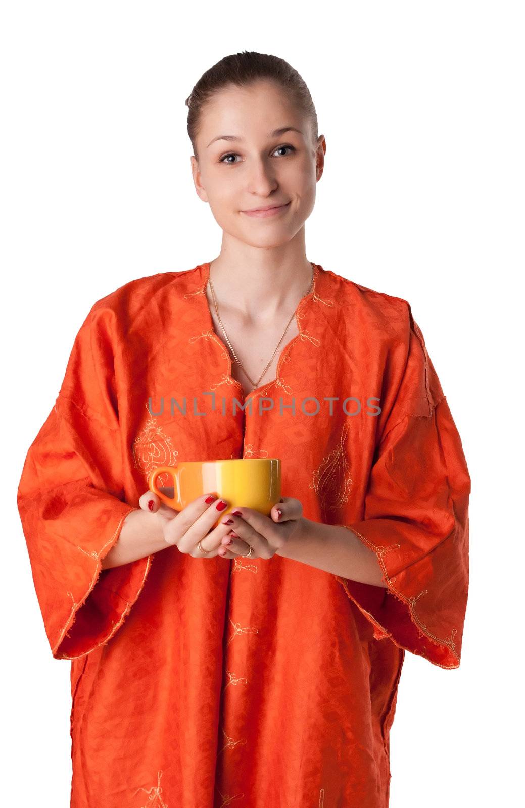 The girl in the orange robe offers tea studio photography