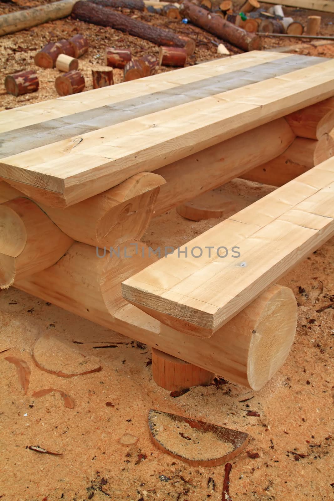 wooden bench amongst yellow sawdust