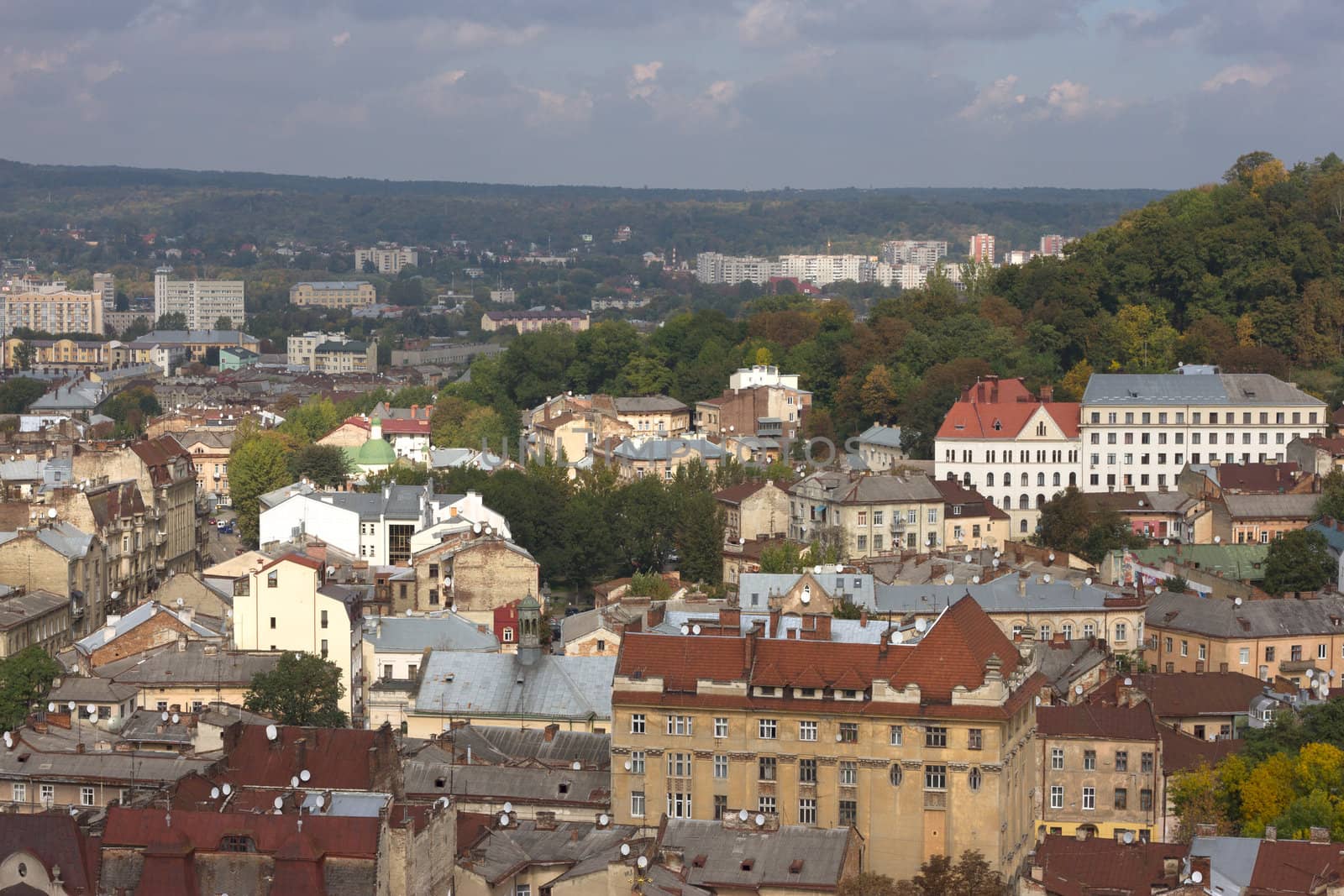 Historical center of Lviv / Lvov in western Ukraine. Panoramic view of the city in Europe