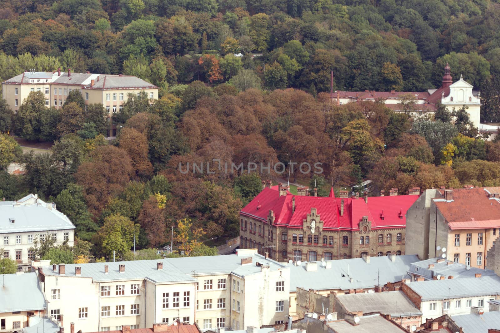 Historical center of Lviv / Lvov in western Ukraine. Panoramic view of the city in Europe