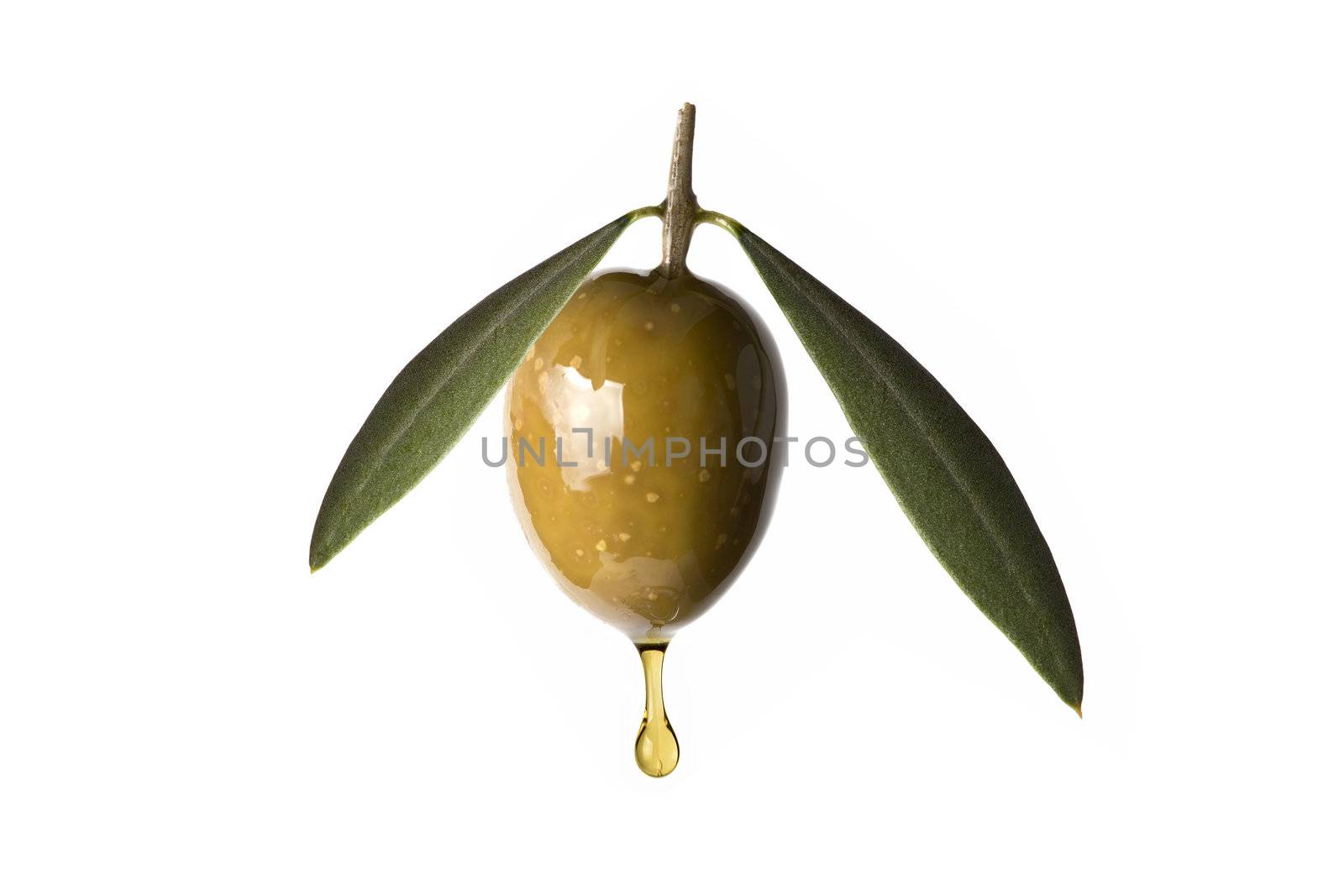 Green olive with a drop of oil falling. by angelsimon