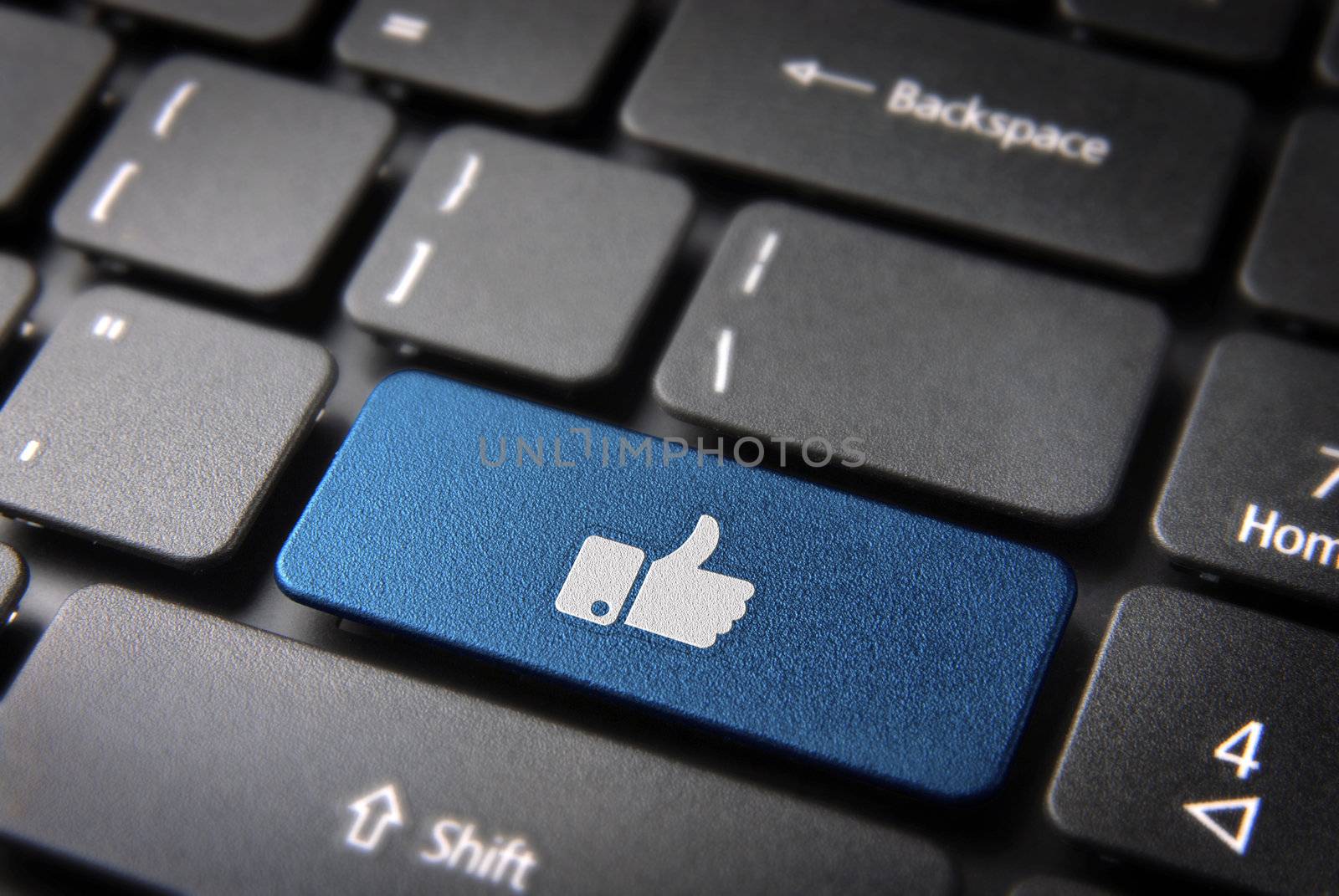 Thumb up blue keyboard key, social media background by cienpies