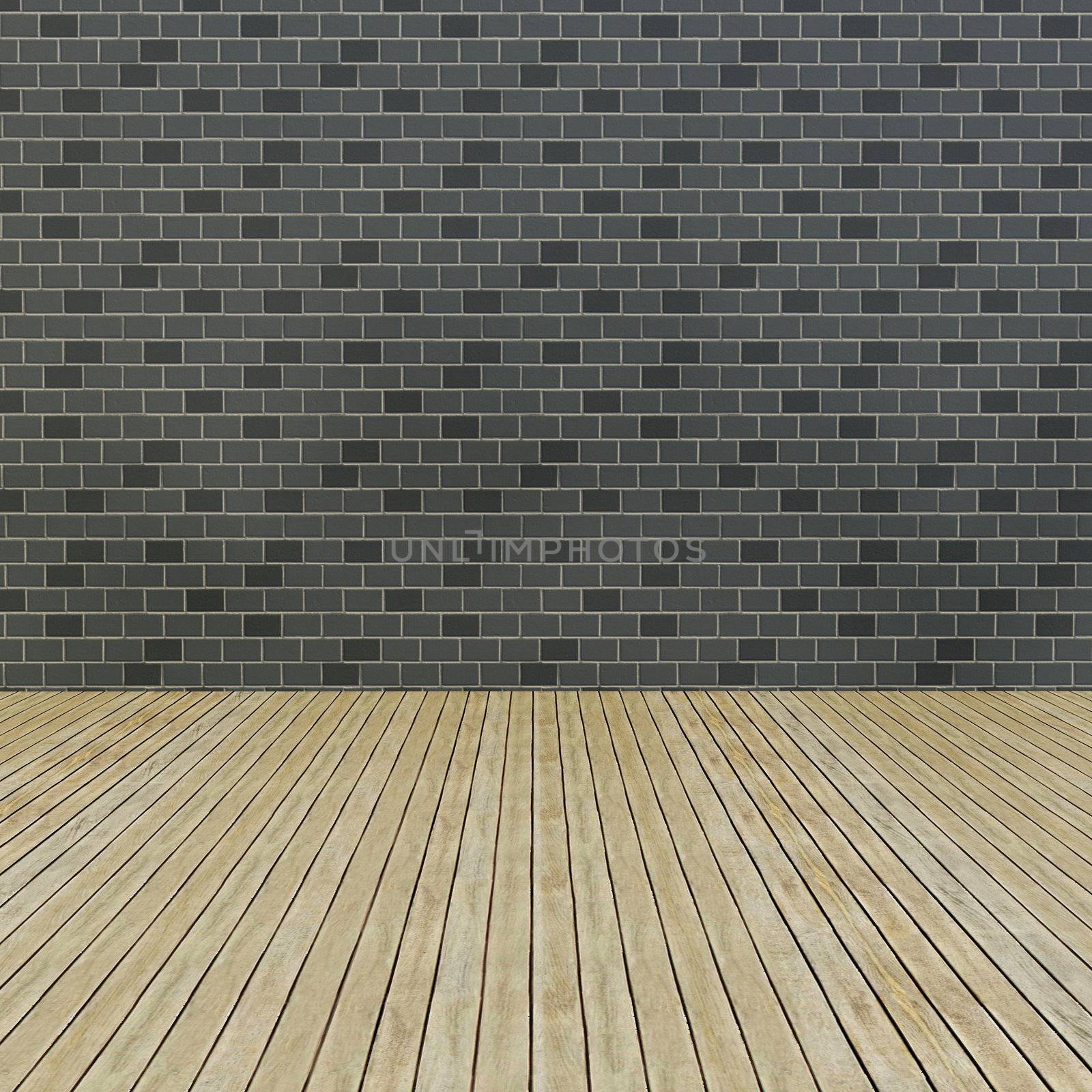 Wood floor and pattern brick wall by siraanamwong